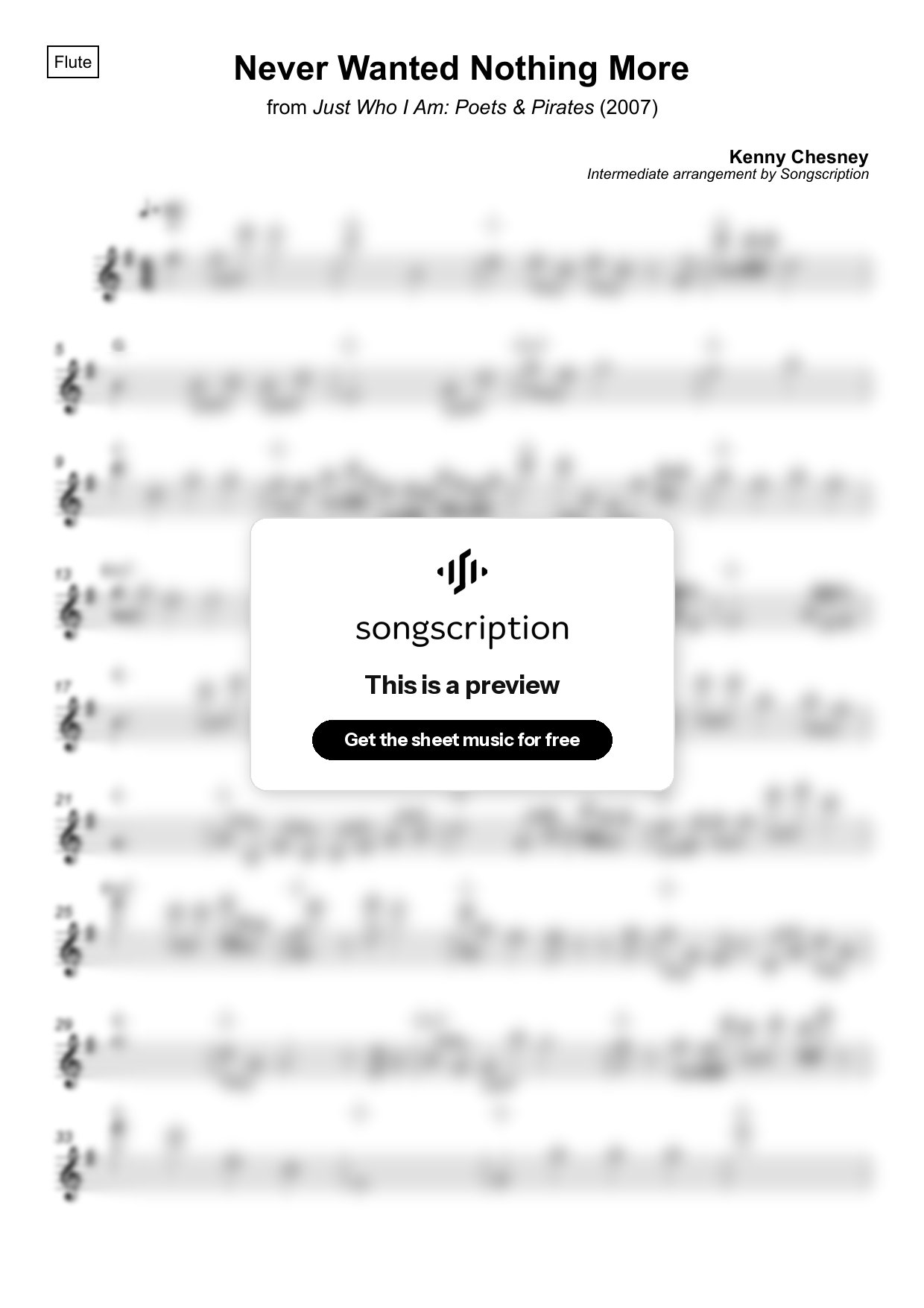 Intermediate Flute Sheet Music for "Never Wanted Nothing More" by Kenny Chesney