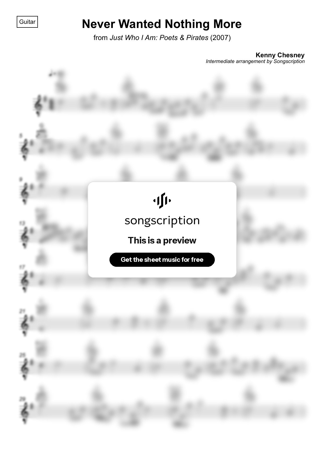 Intermediate Acoustic Guitar Sheet Music for "Never Wanted Nothing More" by Kenny Chesney