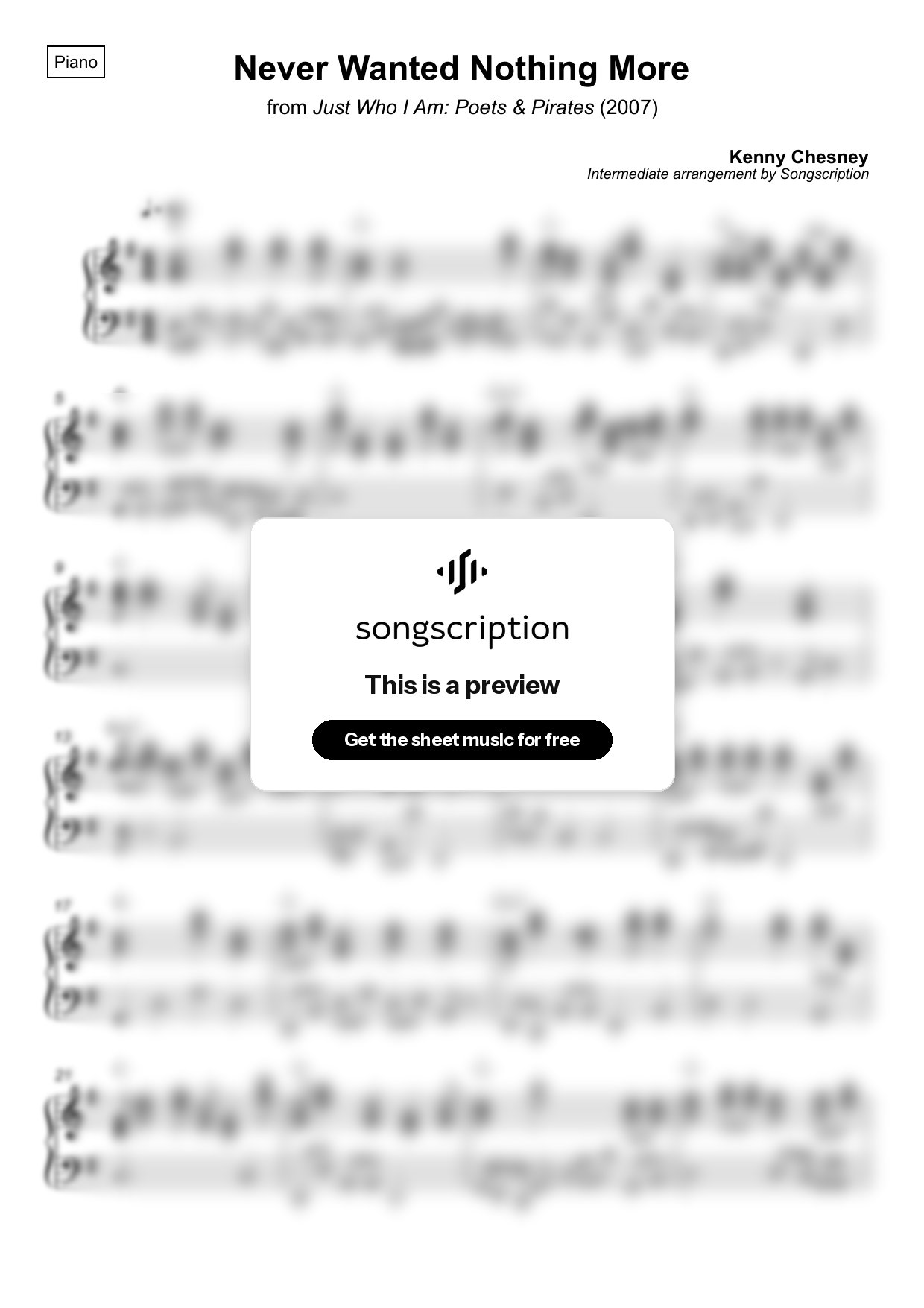 Intermediate Piano Sheet Music for "Never Wanted Nothing More" by Kenny Chesney