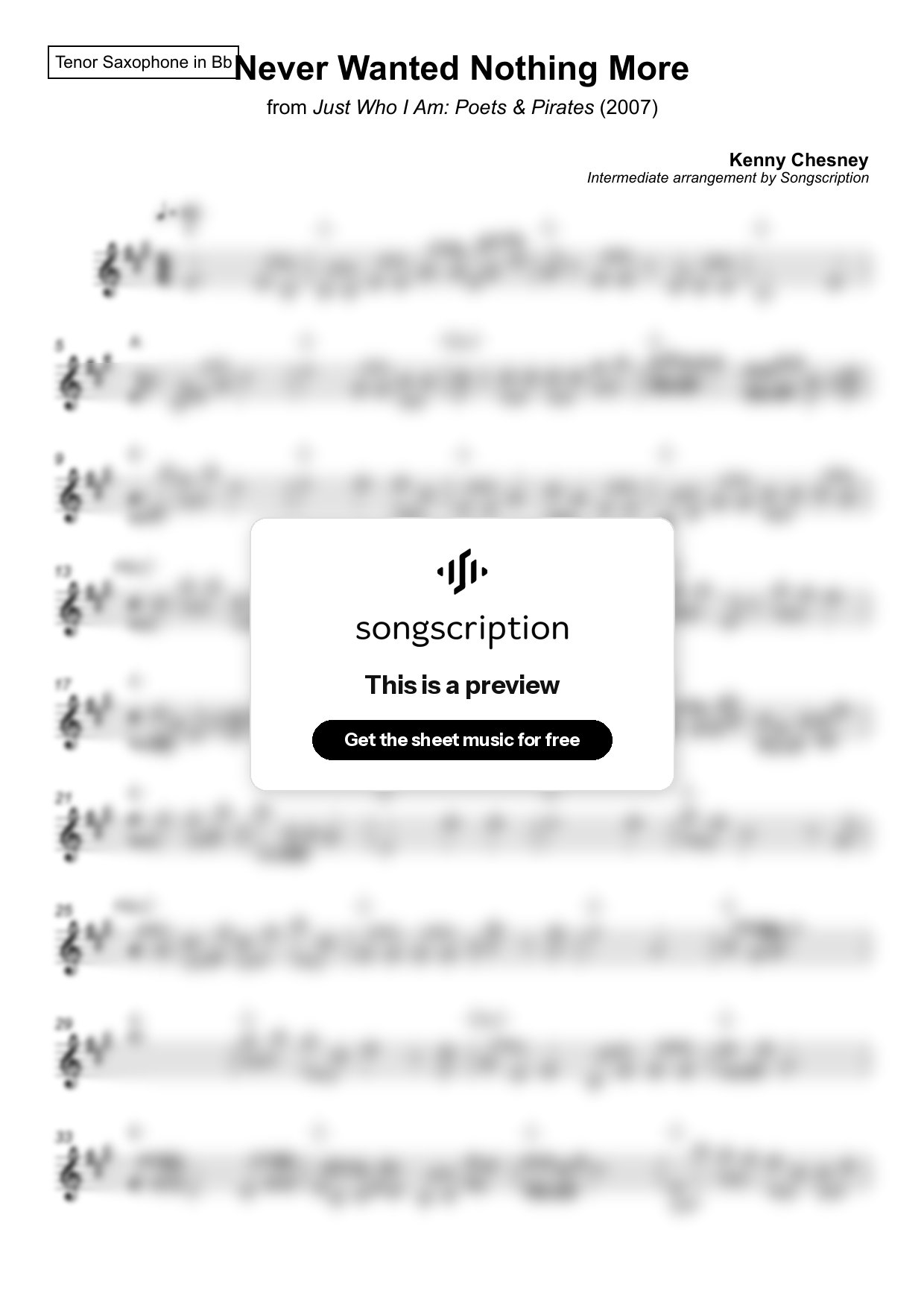 Intermediate Tenor Sax Sheet Music for "Never Wanted Nothing More" by Kenny Chesney