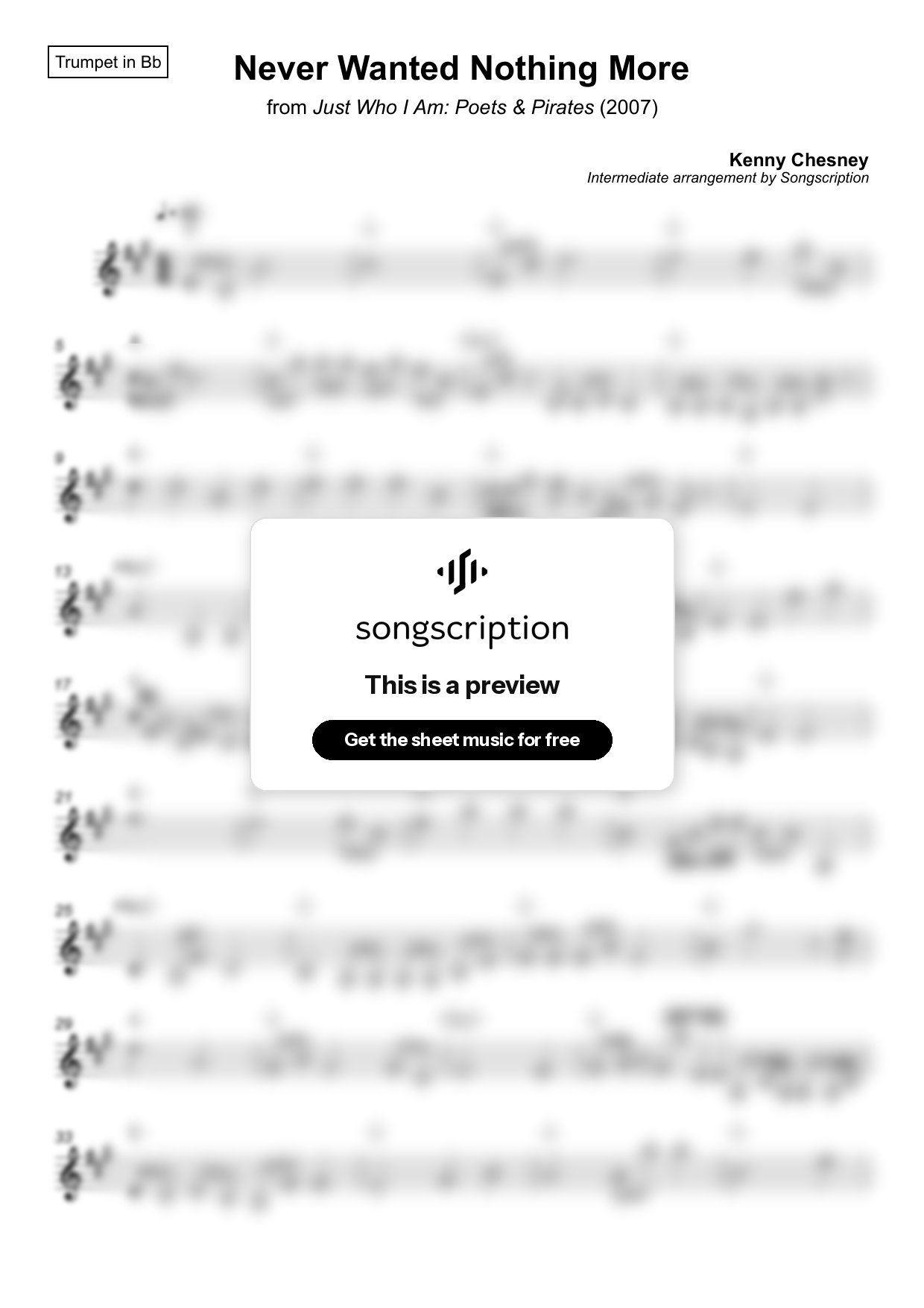 Intermediate Trumpet Sheet Music for "Never Wanted Nothing More" by Kenny Chesney