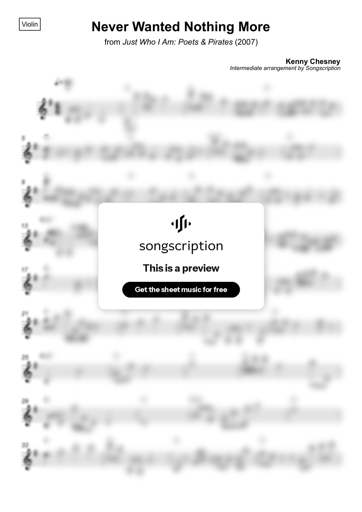 Intermediate Violin Sheet Music for "Never Wanted Nothing More" by Kenny Chesney