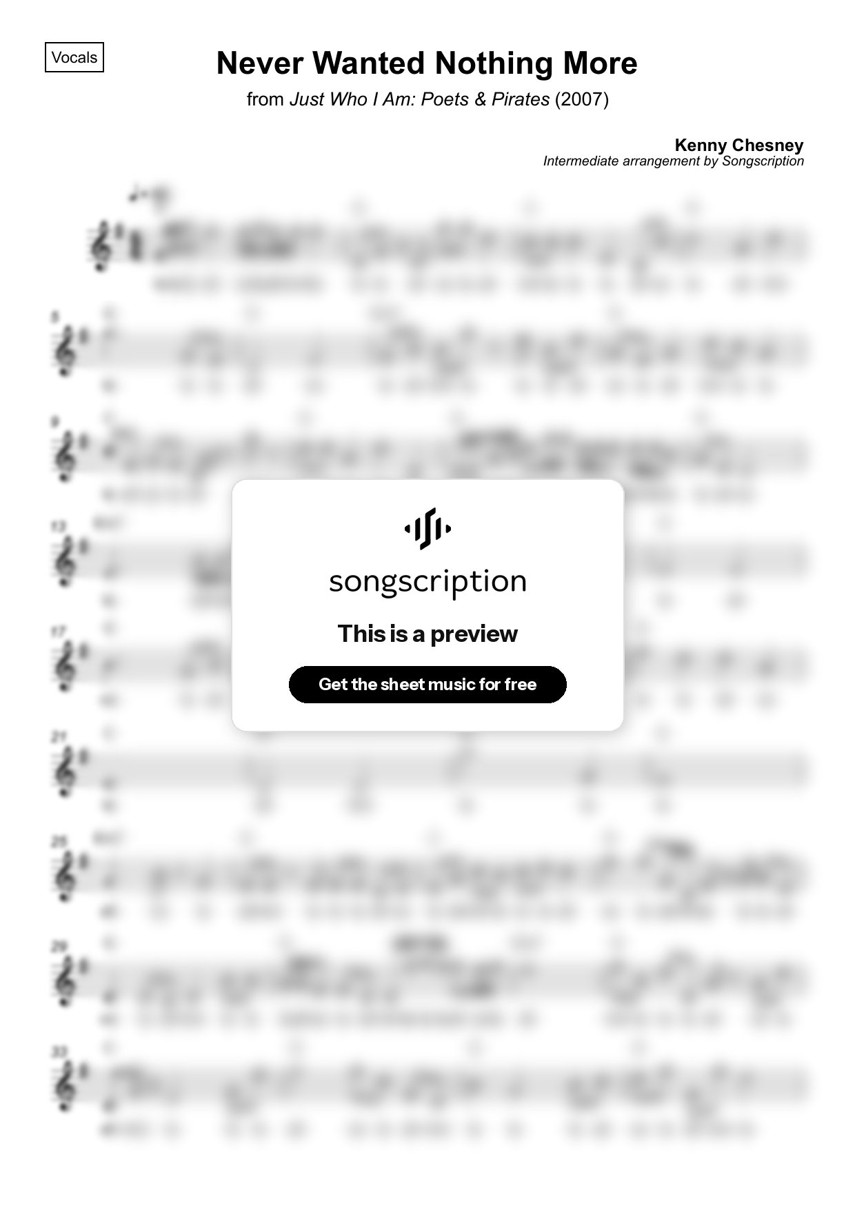 Intermediate Vocals Sheet Music for "Never Wanted Nothing More" by Kenny Chesney