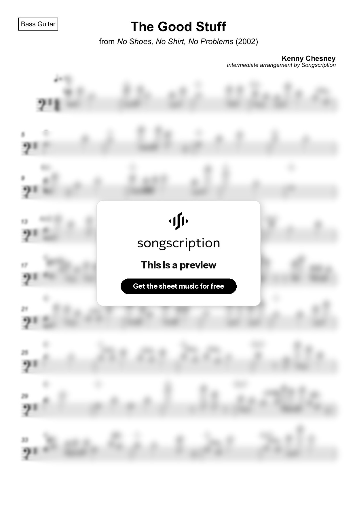 Intermediate Bass Guitar Sheet Music for "The Good Stuff" by Kenny Chesney