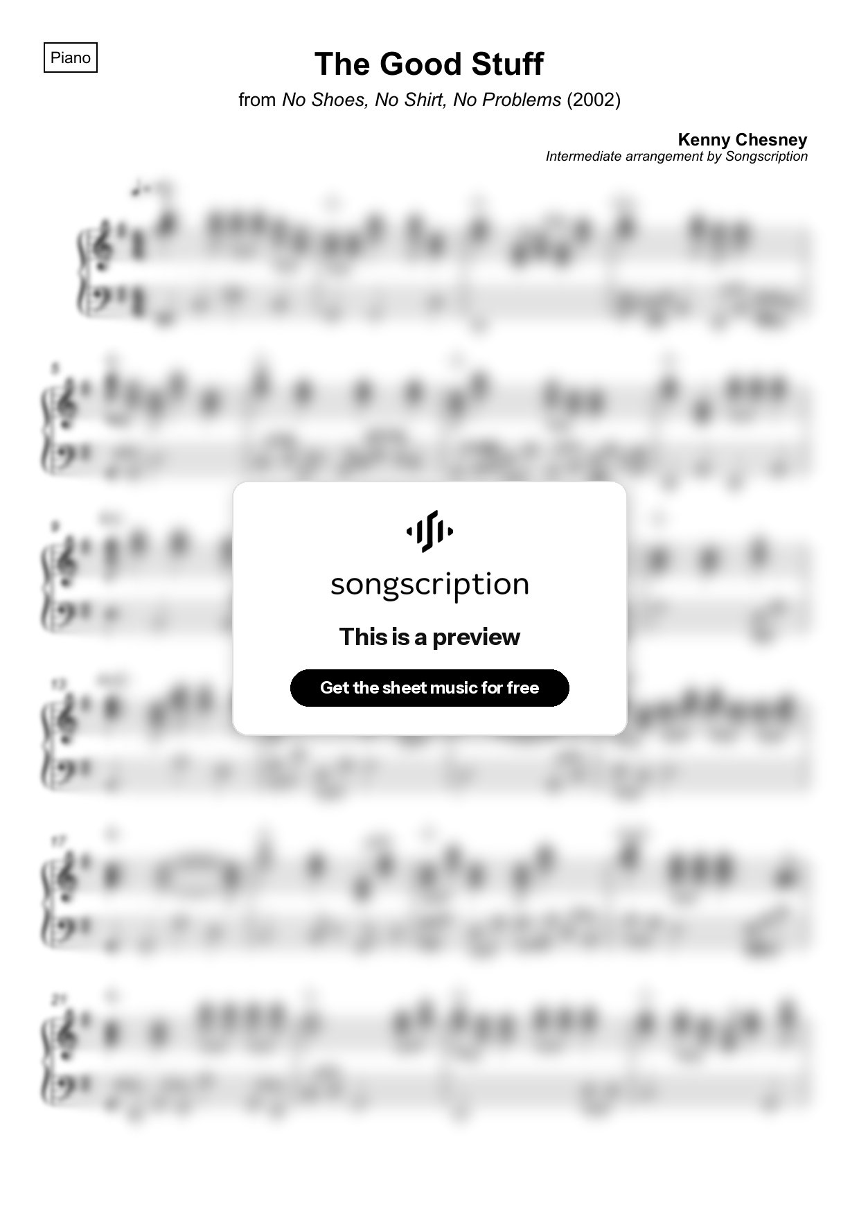 Intermediate Piano Sheet Music for "The Good Stuff" by Kenny Chesney