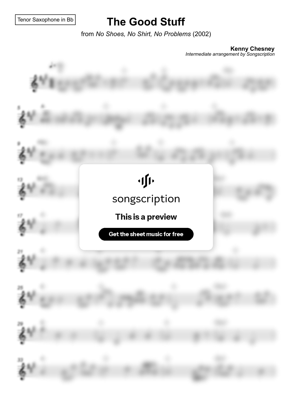 Intermediate Tenor Sax Sheet Music for "The Good Stuff" by Kenny Chesney