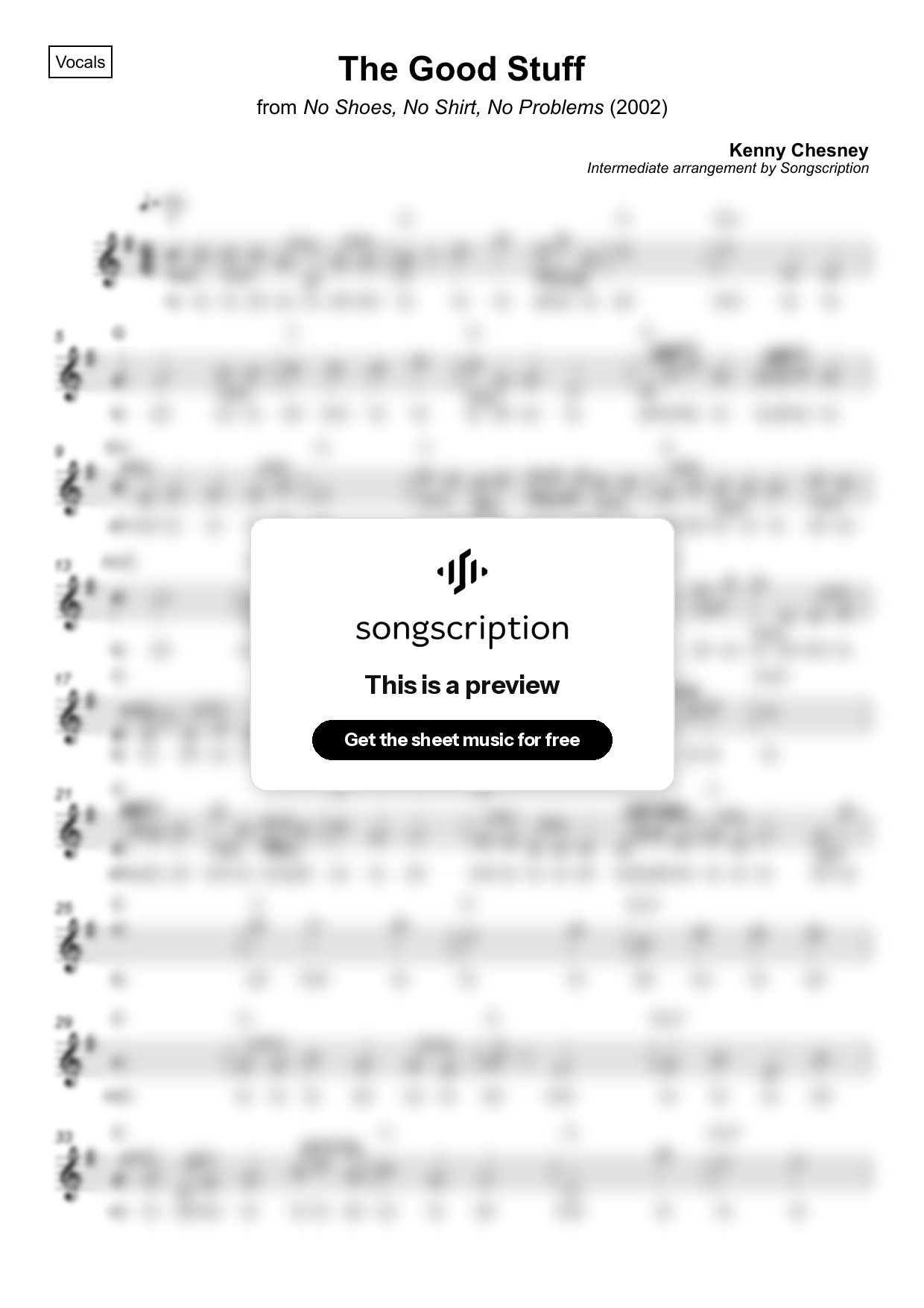 Intermediate Vocals Sheet Music for "The Good Stuff" by Kenny Chesney