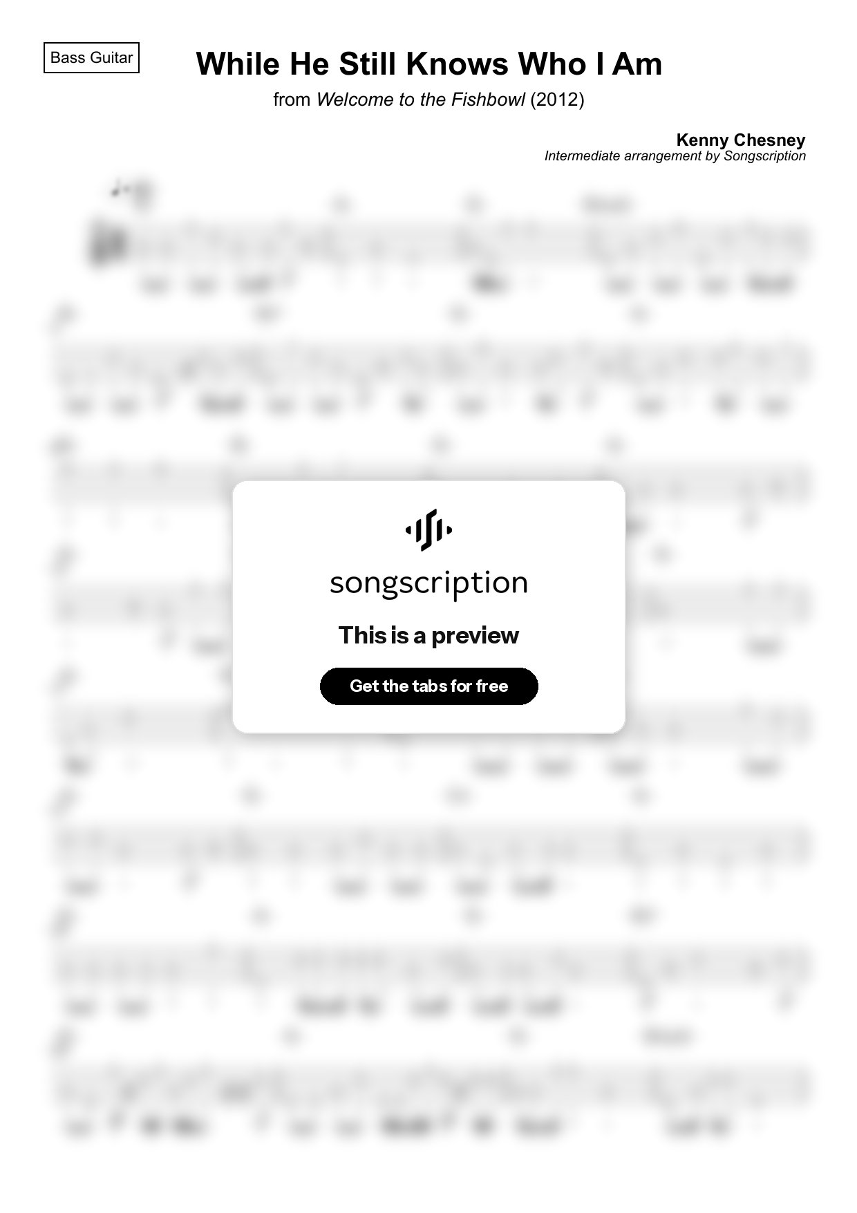 Intermediate Bass Guitar Tabs for "While He Still Knows Who I Am" by Kenny Chesney