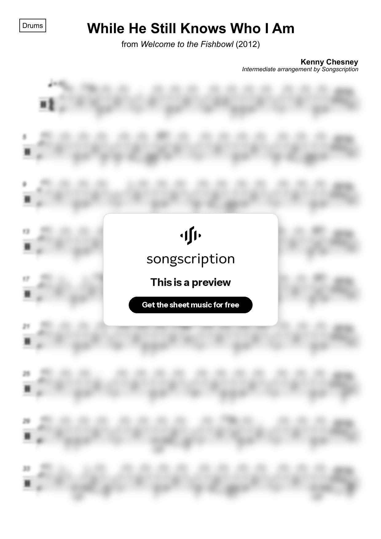 Intermediate Drums Sheet Music for "While He Still Knows Who I Am" by Kenny Chesney