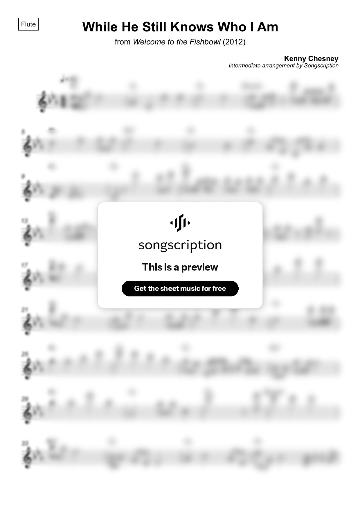 Intermediate Flute Sheet Music for "While He Still Knows Who I Am" by Kenny Chesney