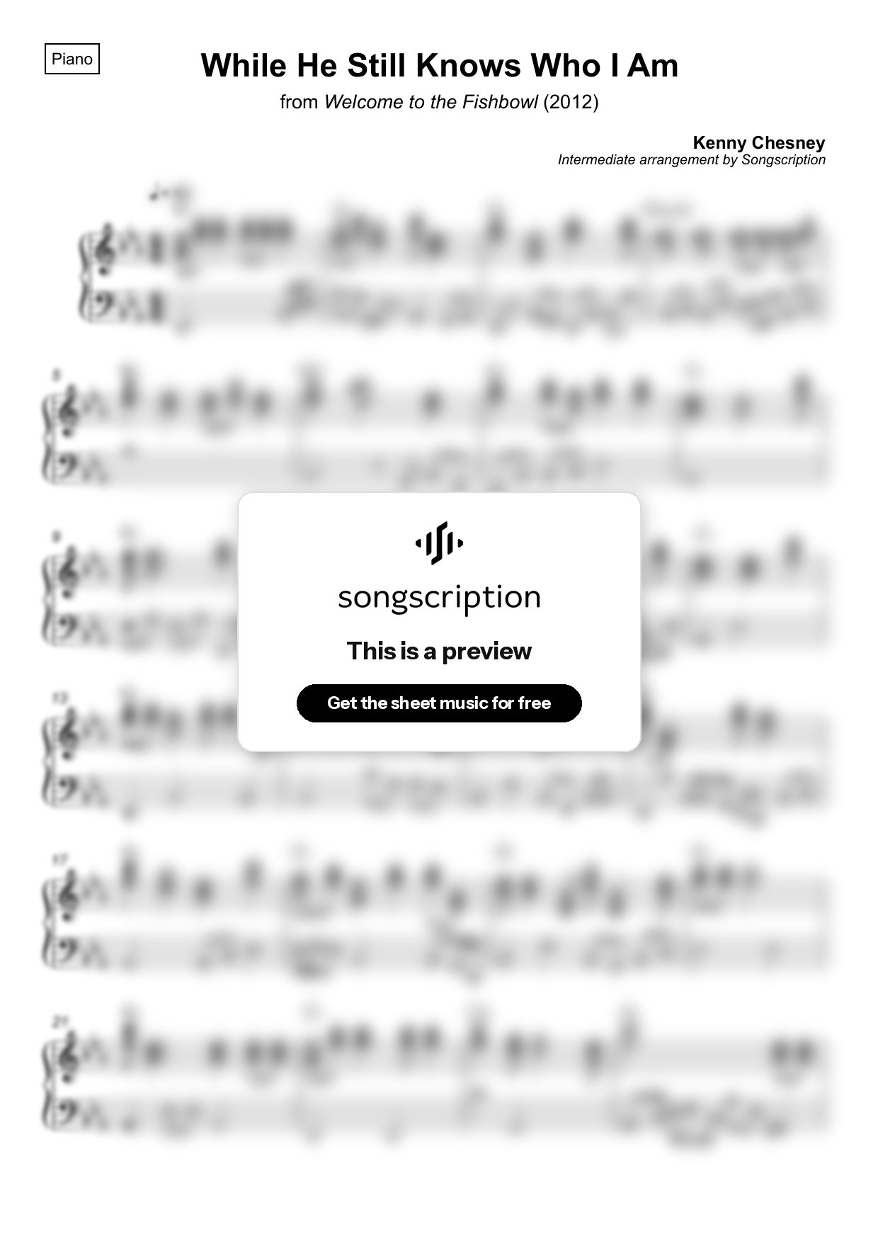 Intermediate Piano Sheet Music for "While He Still Knows Who I Am" by Kenny Chesney