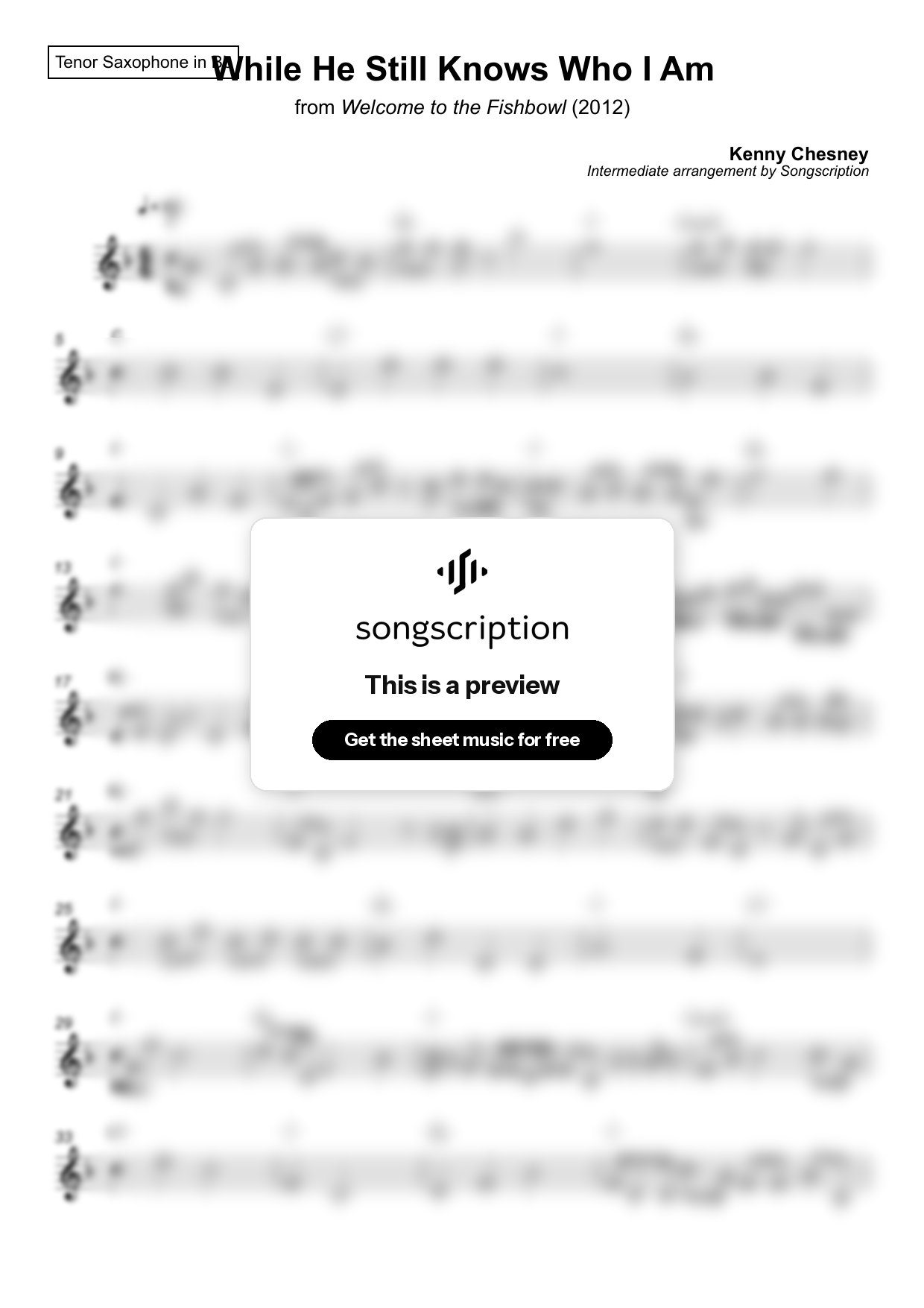 Intermediate Tenor Sax Sheet Music for "While He Still Knows Who I Am" by Kenny Chesney