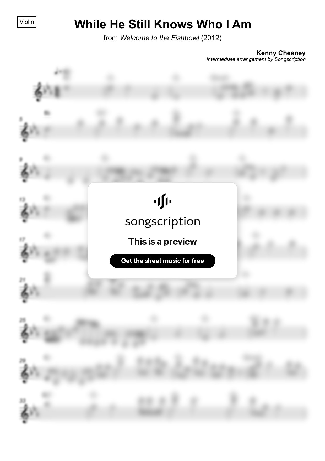 Intermediate Violin Sheet Music for "While He Still Knows Who I Am" by Kenny Chesney