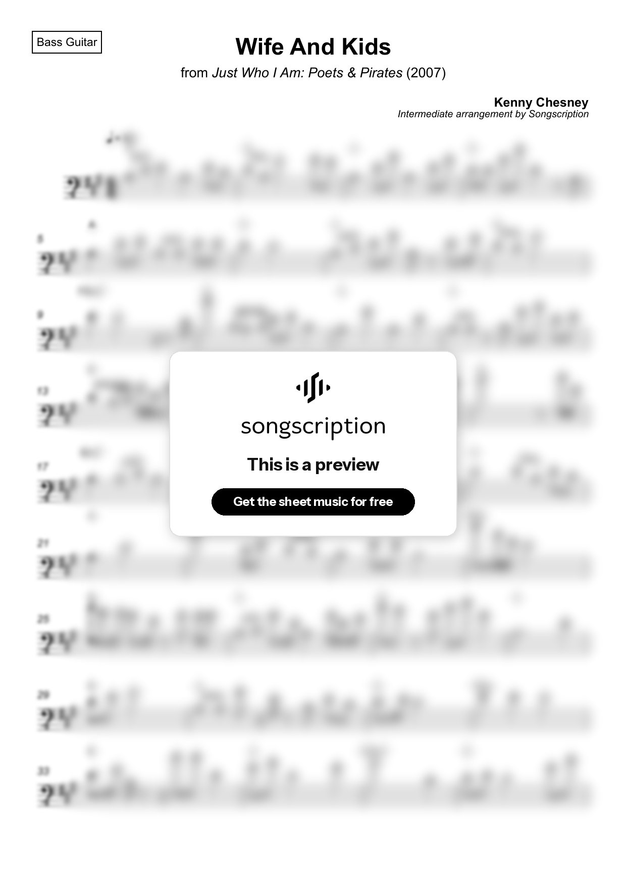Intermediate Bass Guitar Sheet Music for "Wife And Kids" by Kenny Chesney