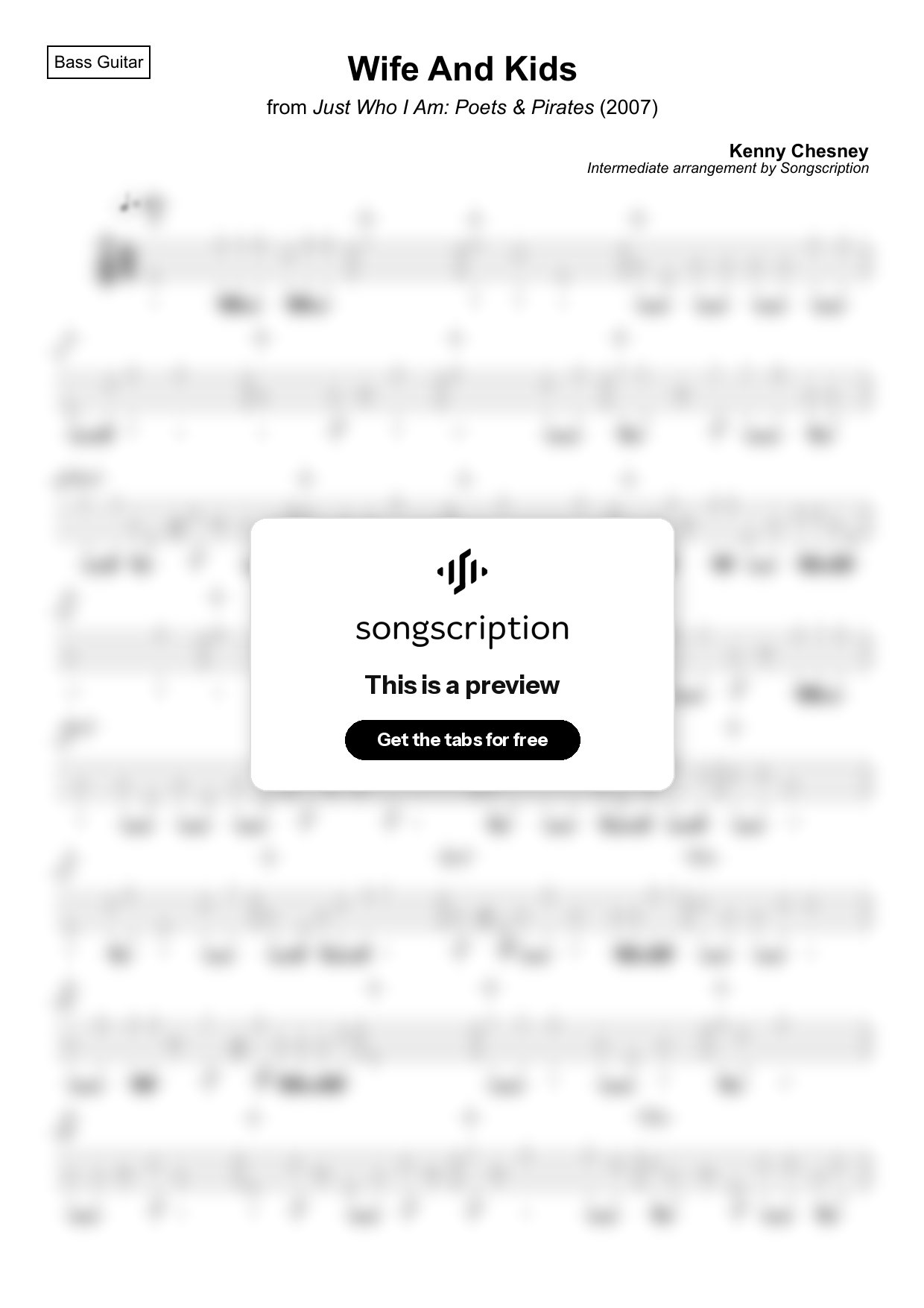 Intermediate Bass Guitar Tabs for "Wife And Kids" by Kenny Chesney