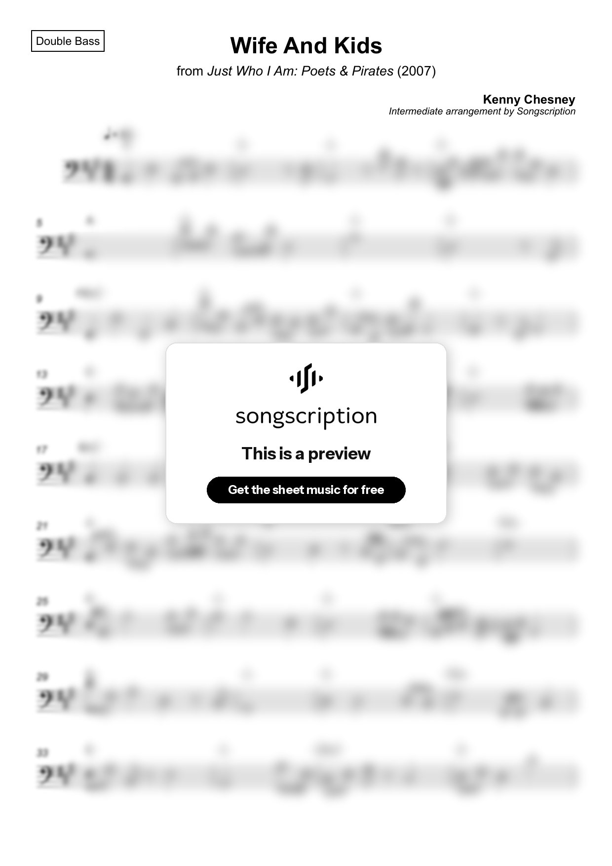 Intermediate Double Bass Sheet Music for "Wife And Kids" by Kenny Chesney