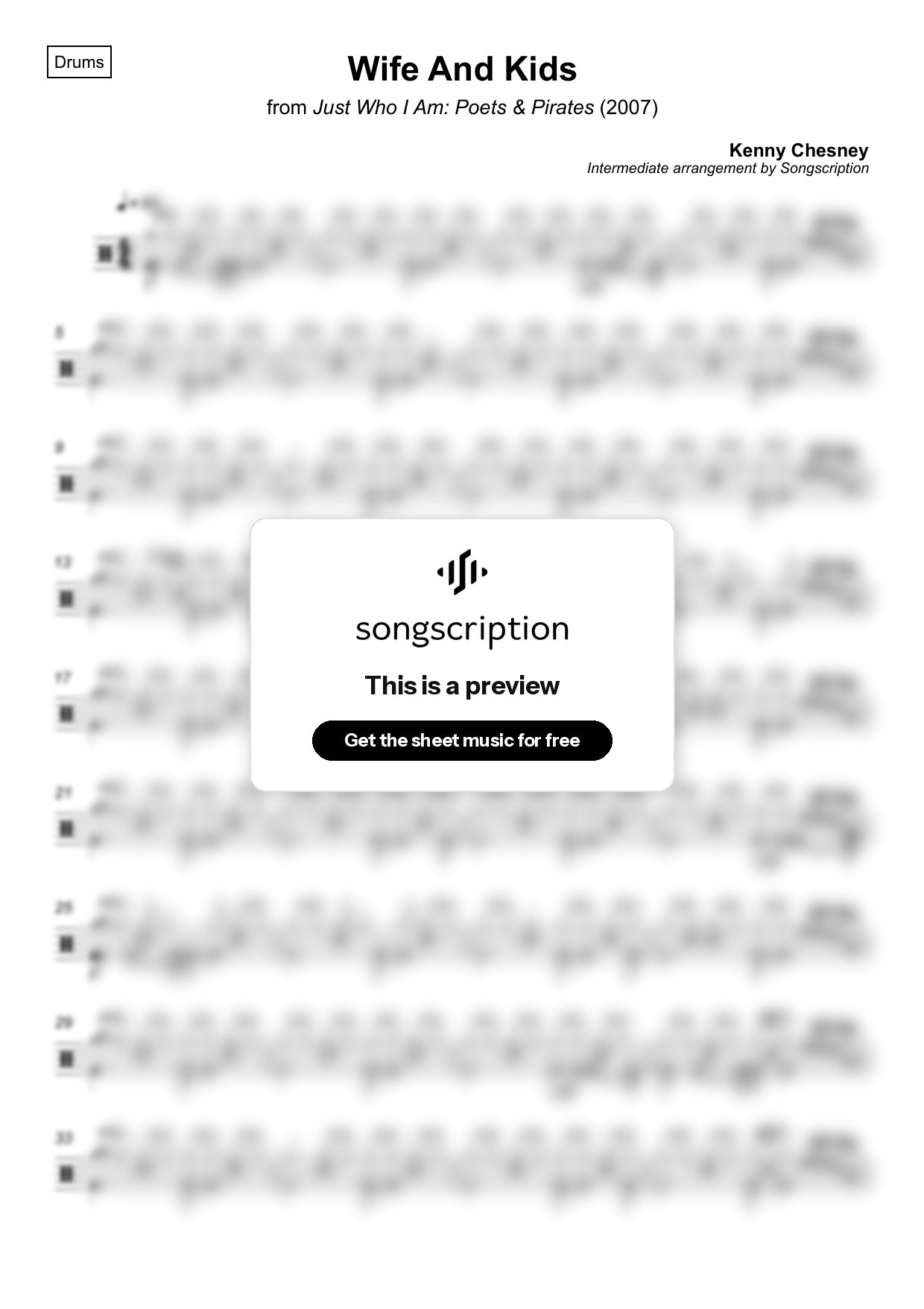 Intermediate Drums Sheet Music for "Wife And Kids" by Kenny Chesney
