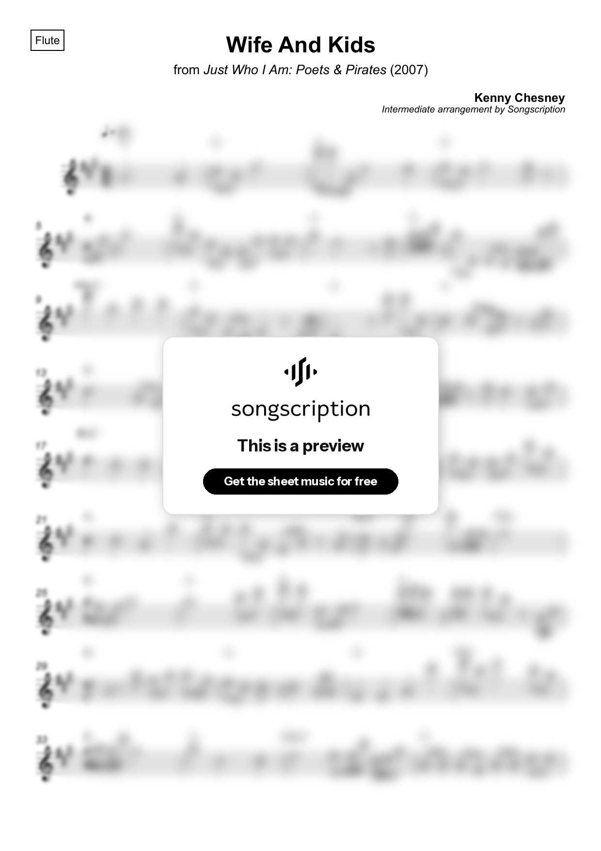 Intermediate Flute Sheet Music for "Wife And Kids" by Kenny Chesney