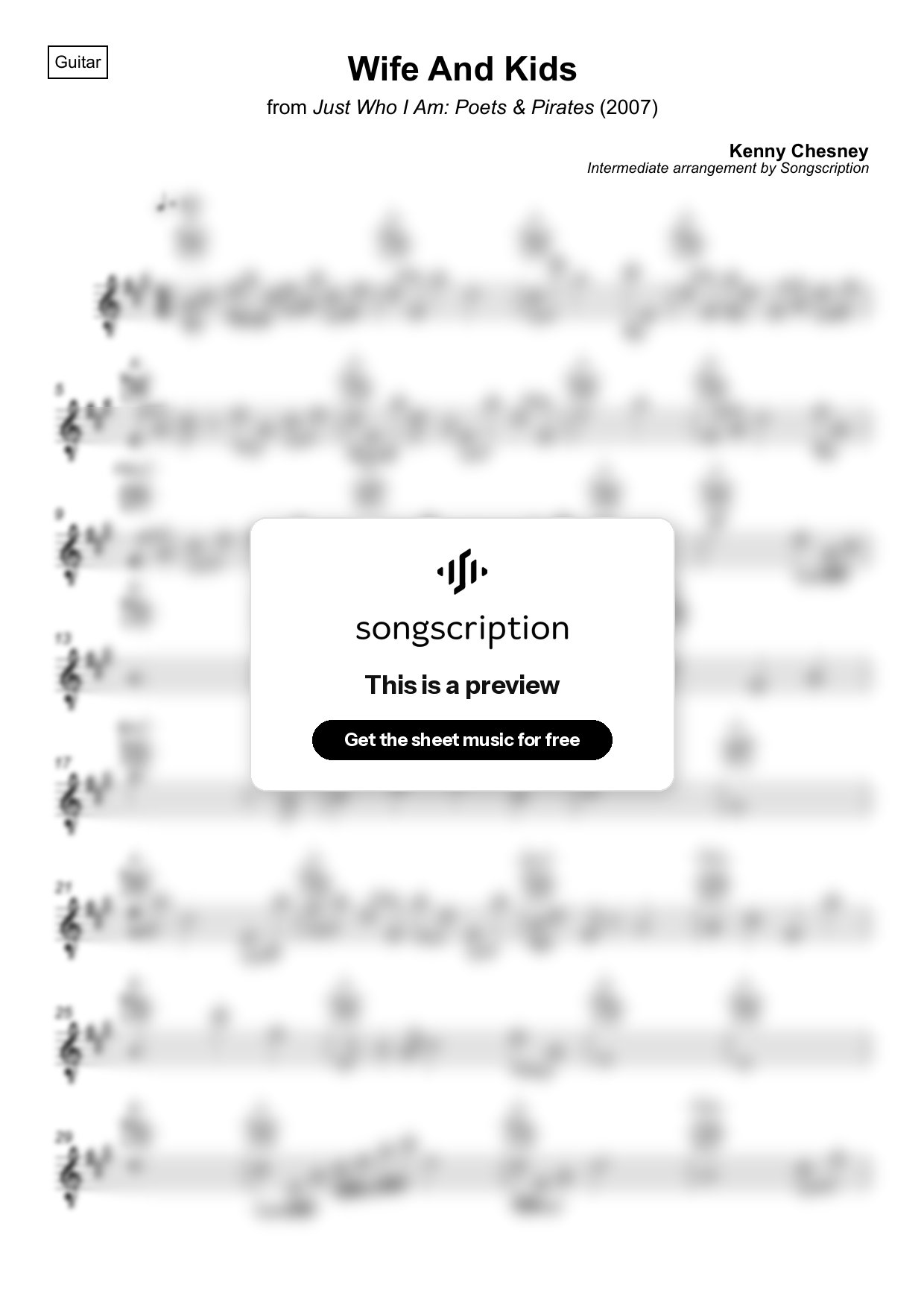 Intermediate Acoustic Guitar Sheet Music for "Wife And Kids" by Kenny Chesney