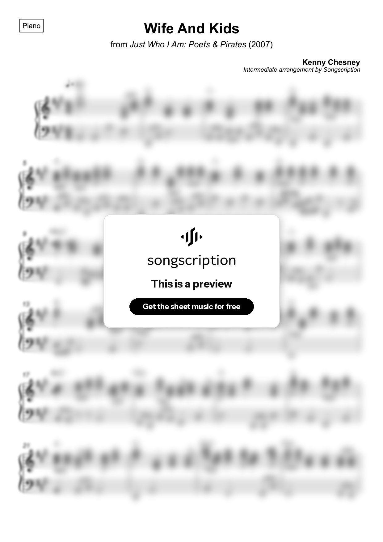 Intermediate Piano Sheet Music for "Wife And Kids" by Kenny Chesney