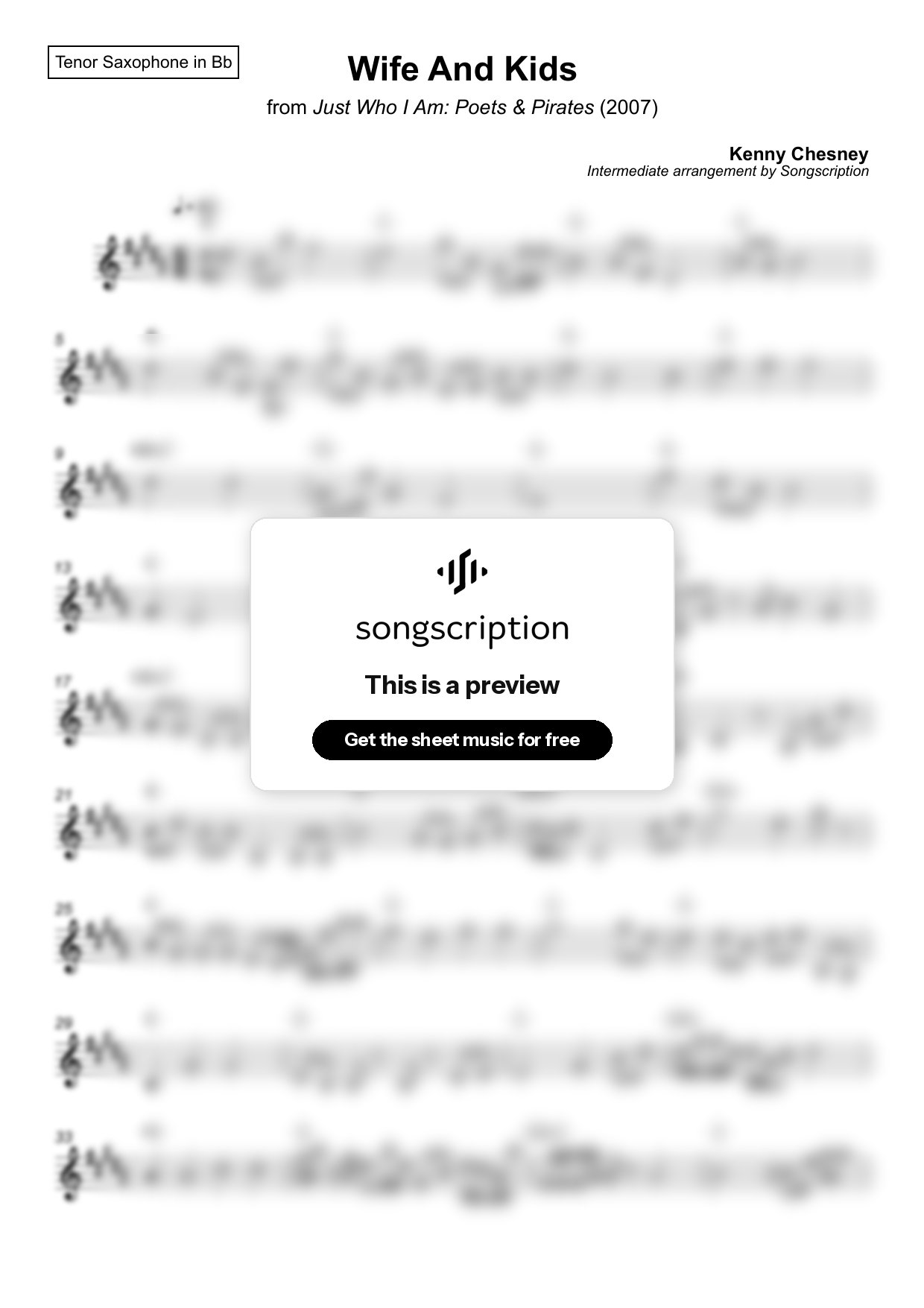 Intermediate Tenor Sax Sheet Music for "Wife And Kids" by Kenny Chesney