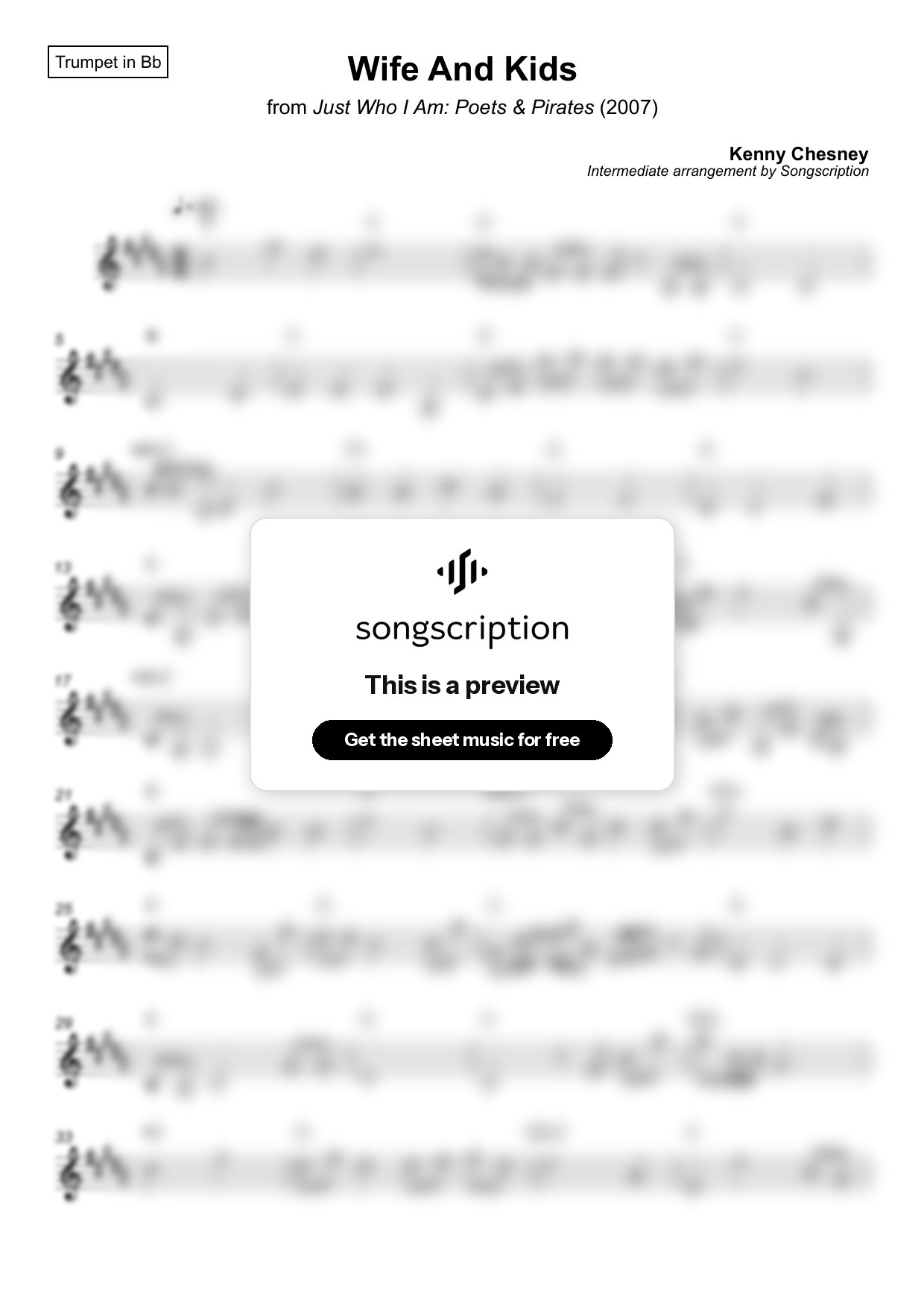 Intermediate Trumpet Sheet Music for "Wife And Kids" by Kenny Chesney
