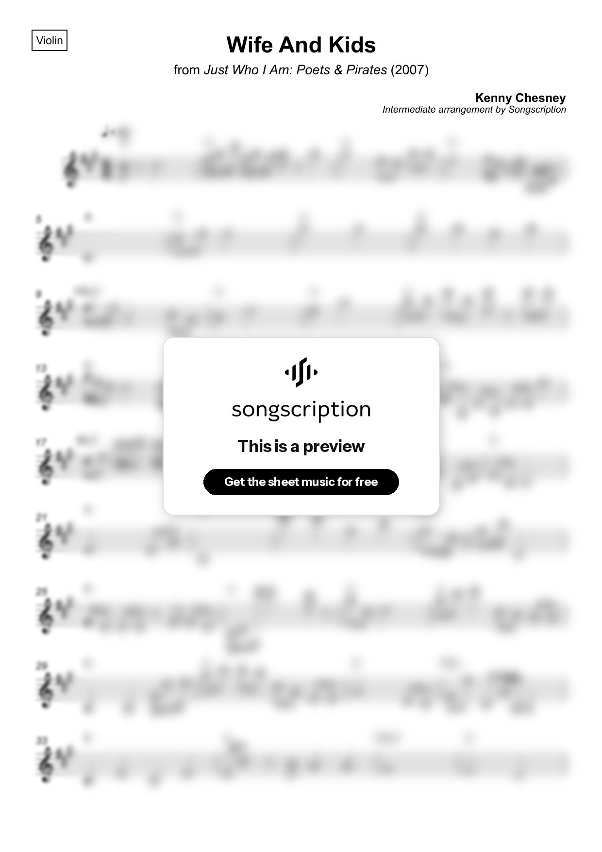 Intermediate Violin Sheet Music for "Wife And Kids" by Kenny Chesney