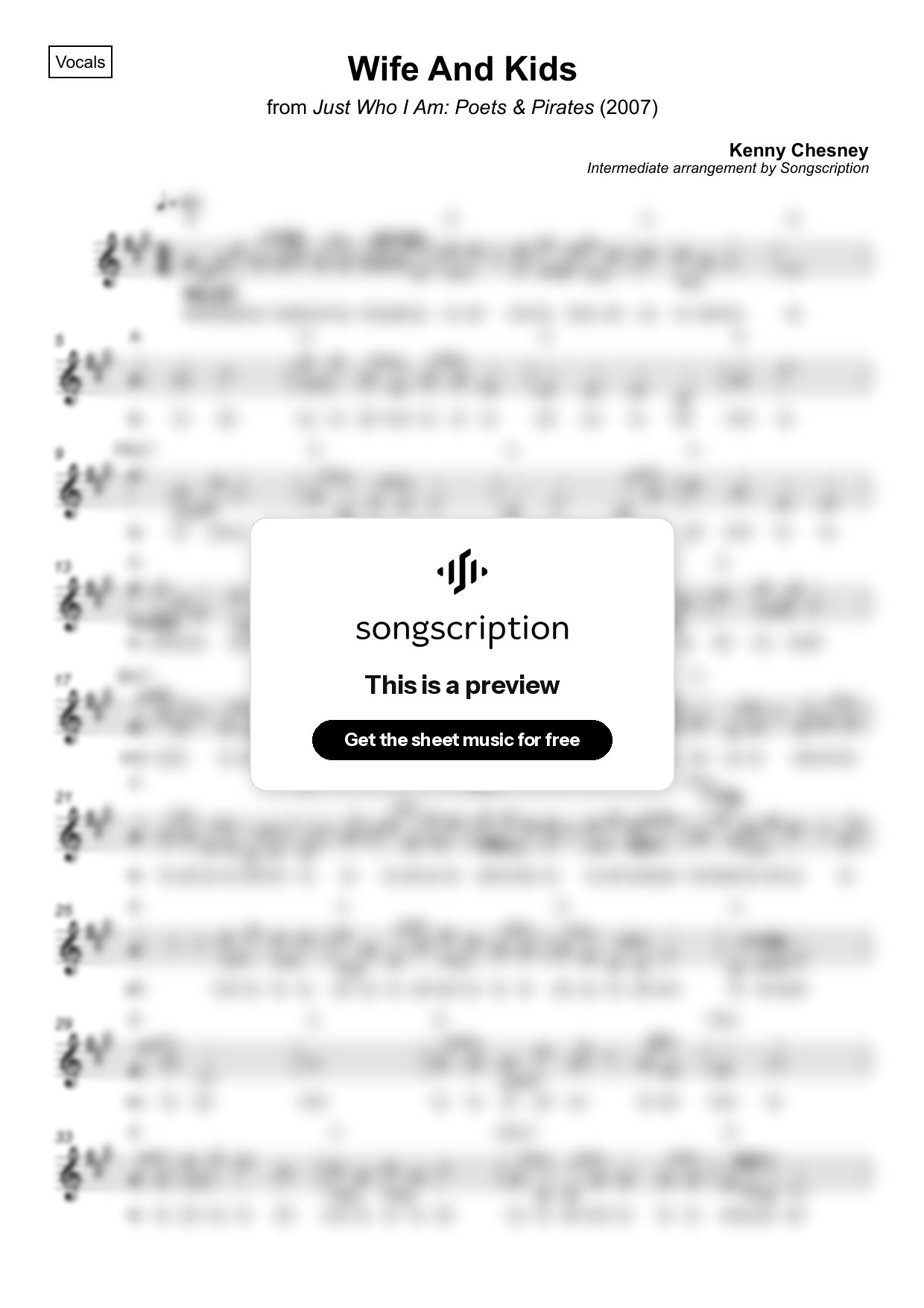 Intermediate Vocals Sheet Music for "Wife And Kids" by Kenny Chesney