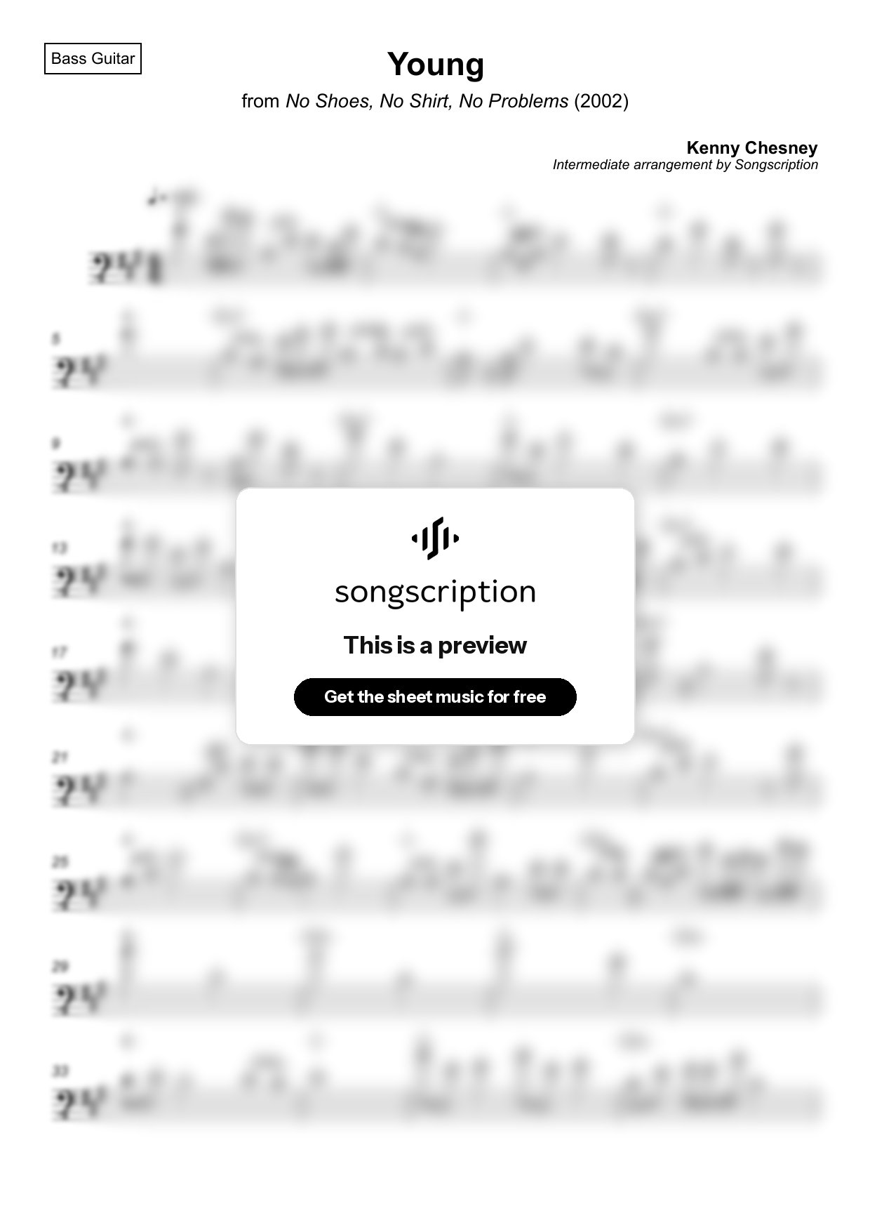 Intermediate Bass Guitar Sheet Music for "Young" by Kenny Chesney