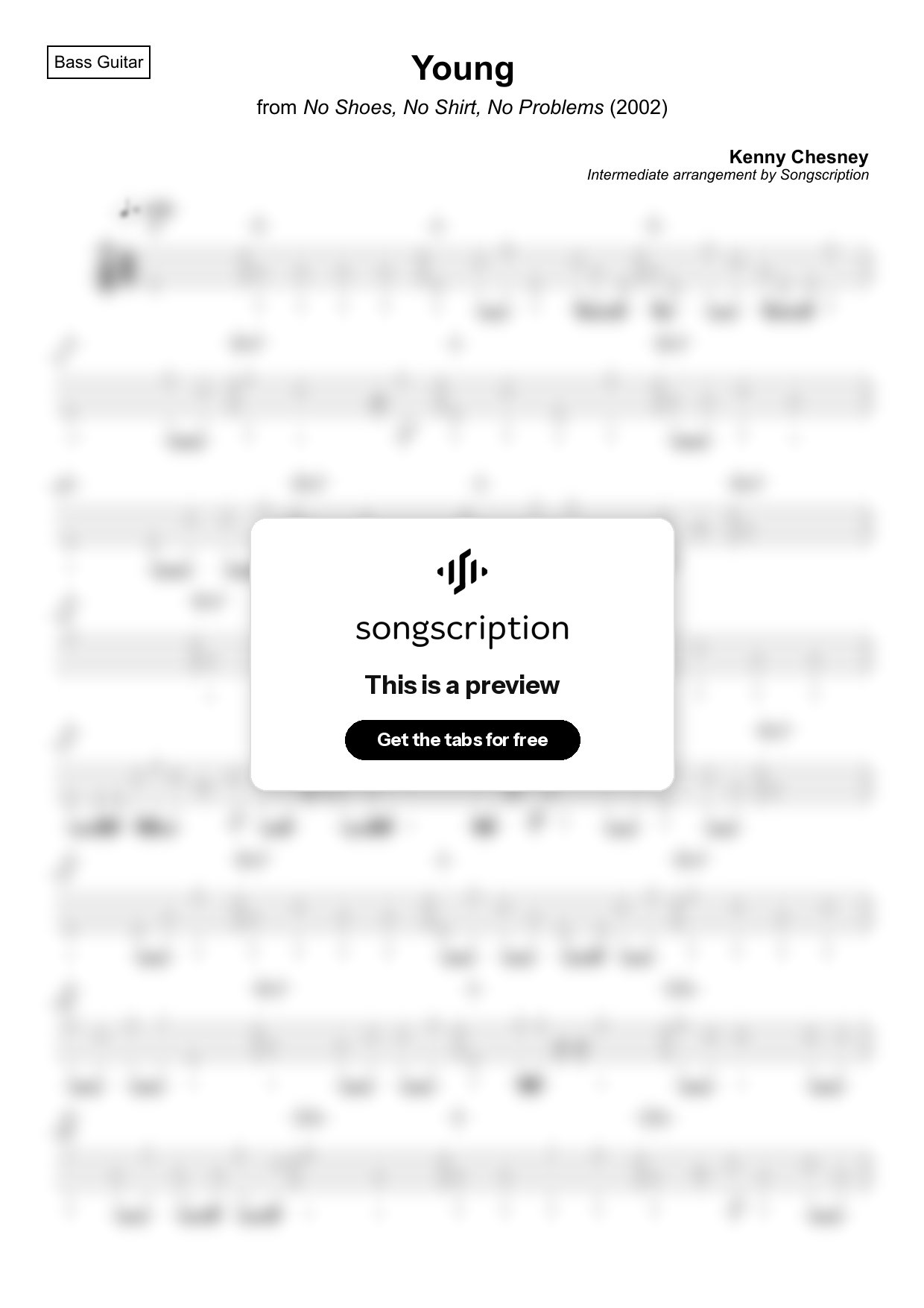 Intermediate Bass Guitar Tabs for "Young" by Kenny Chesney