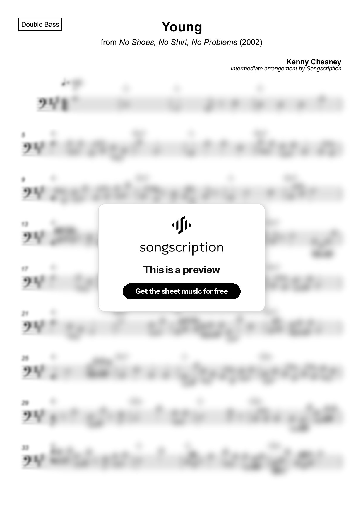 Intermediate Double Bass Sheet Music for "Young" by Kenny Chesney