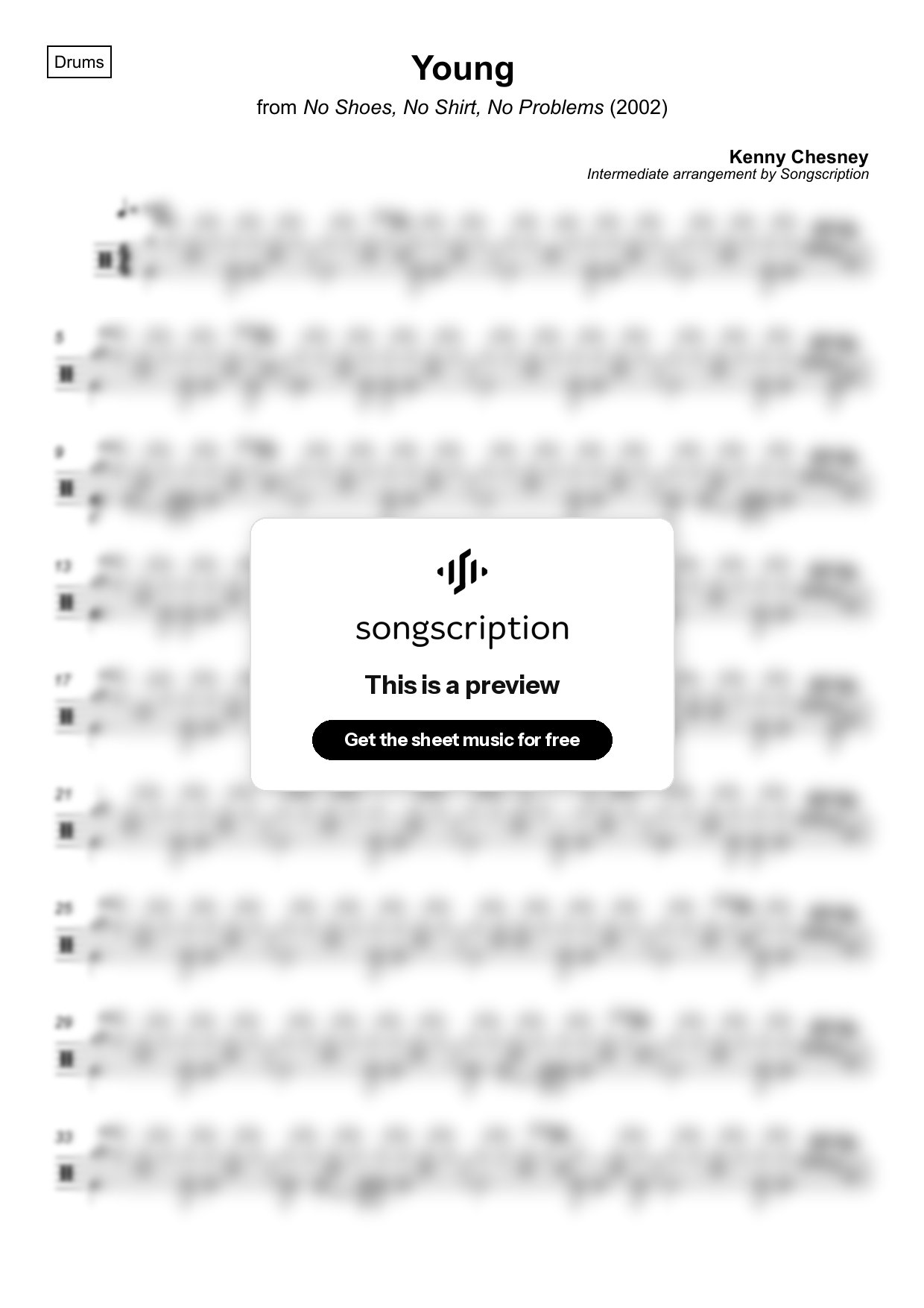 Intermediate Drums Sheet Music for "Young" by Kenny Chesney