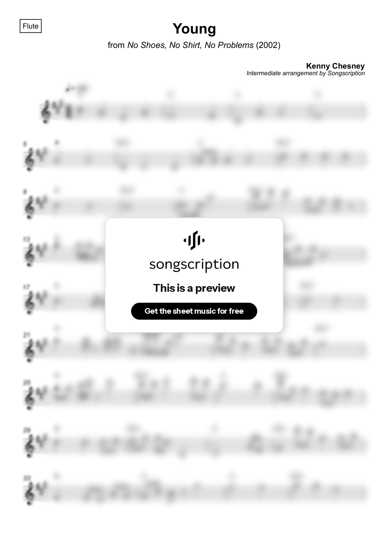 Intermediate Flute Sheet Music for "Young" by Kenny Chesney