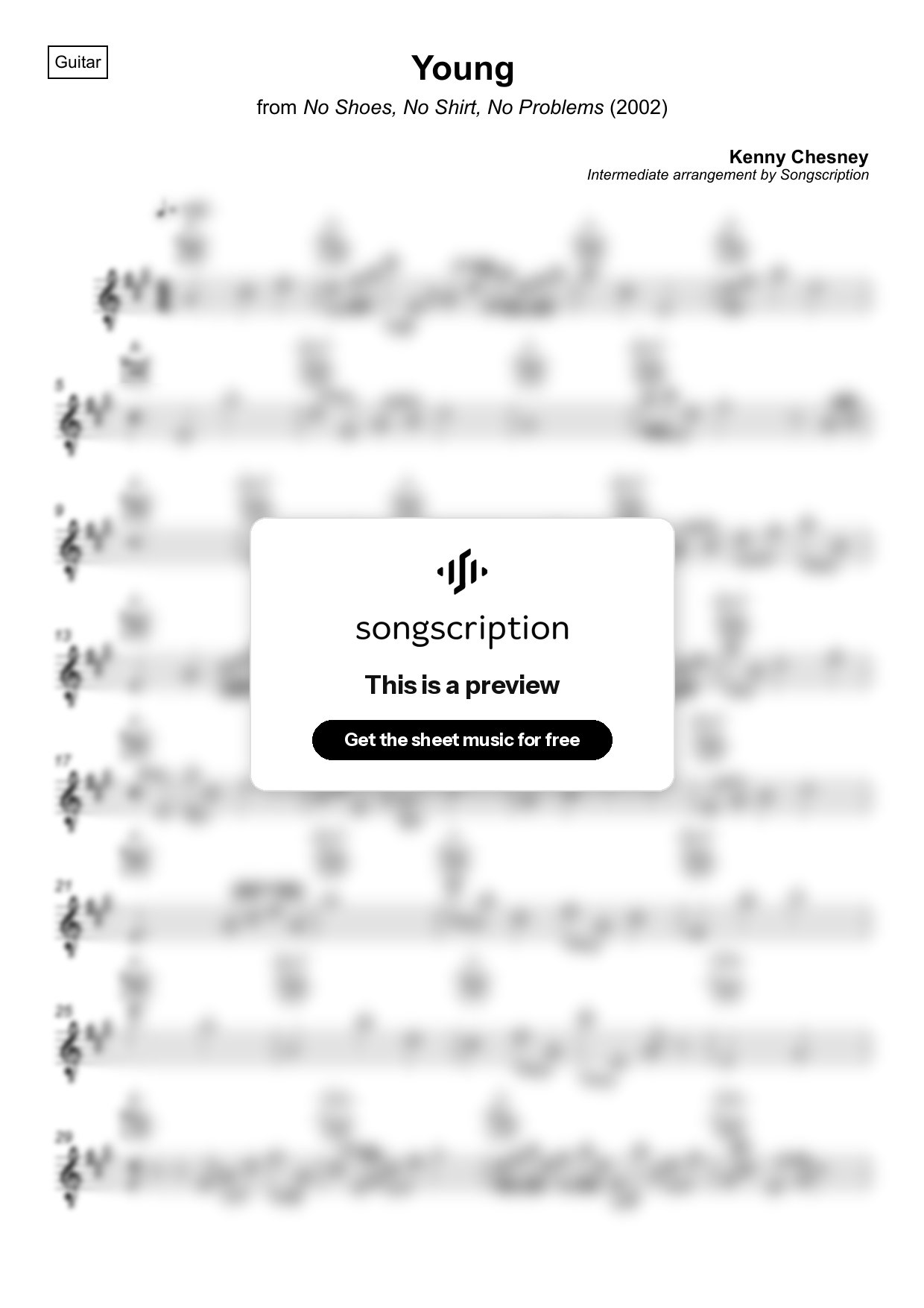 Intermediate Acoustic Guitar Sheet Music for "Young" by Kenny Chesney