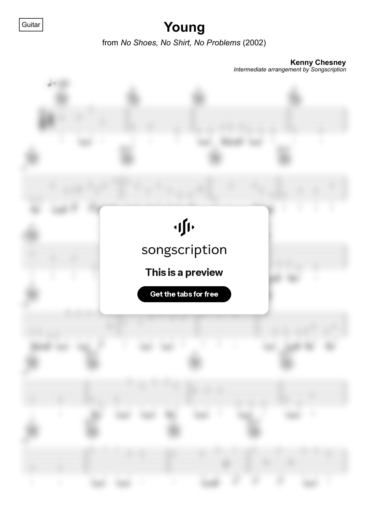 Intermediate Acoustic Guitar Tabs for "Young" by Kenny Chesney