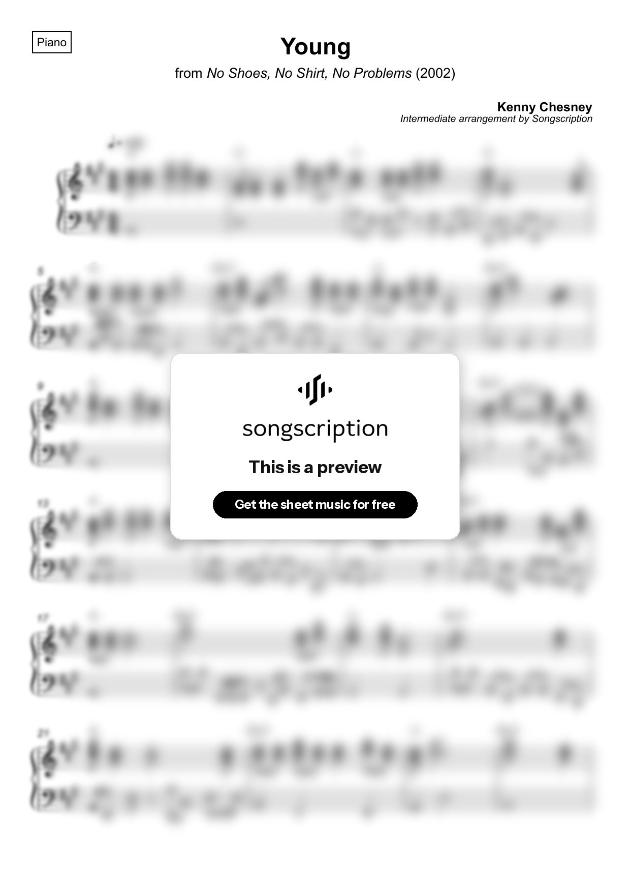 Intermediate Piano Sheet Music for "Young" by Kenny Chesney