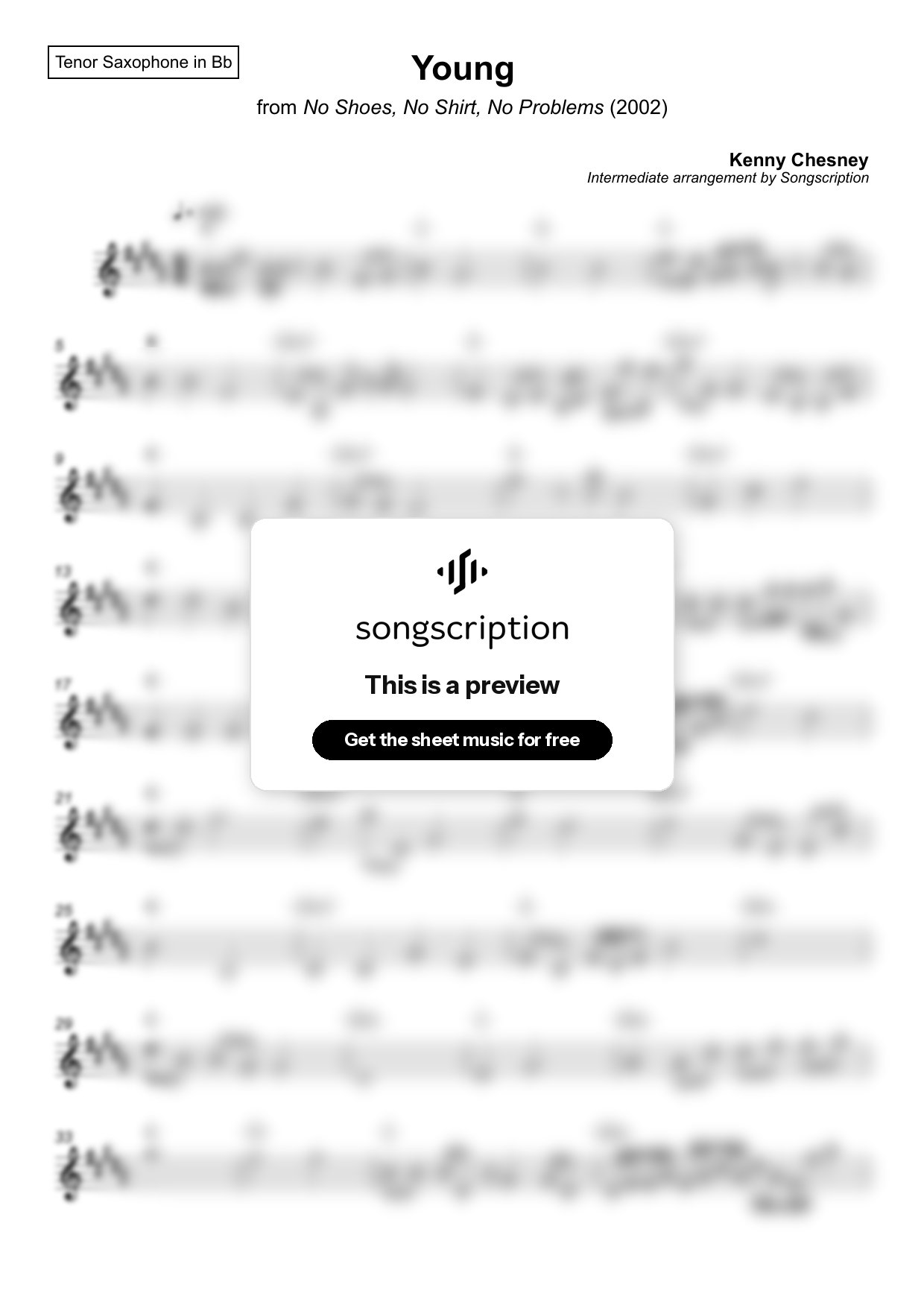 Intermediate Tenor Sax Sheet Music for "Young" by Kenny Chesney