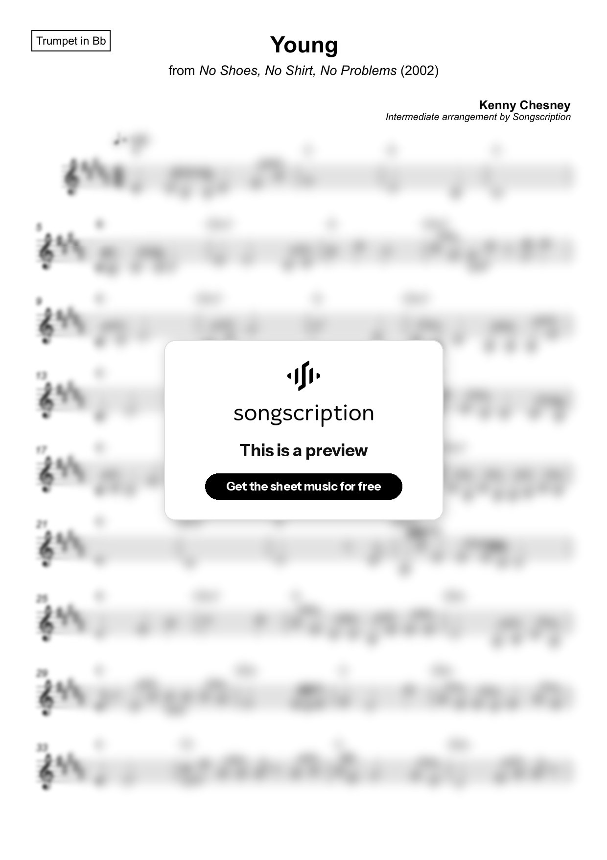 Intermediate Trumpet Sheet Music for "Young" by Kenny Chesney