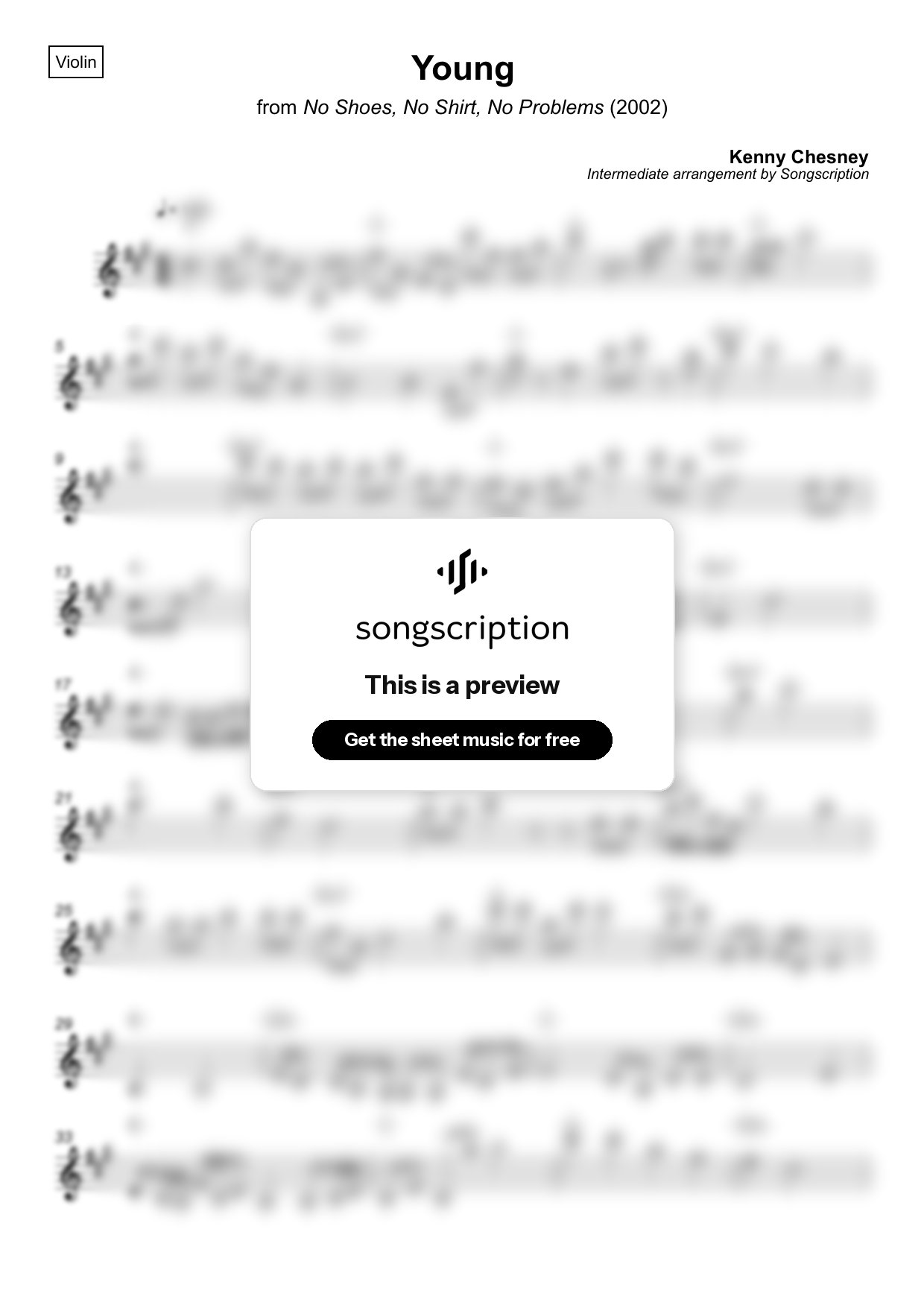 Intermediate Violin Sheet Music for "Young" by Kenny Chesney