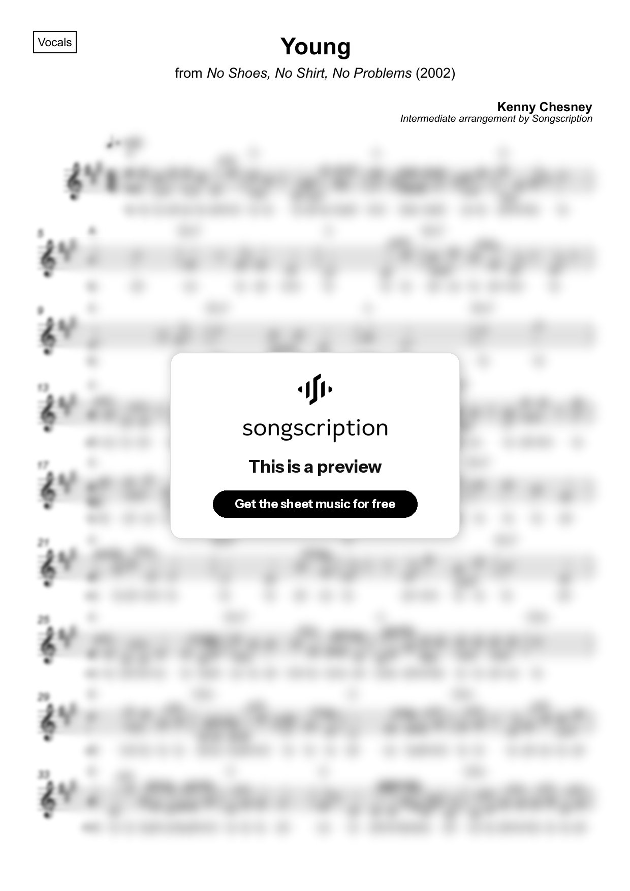 Intermediate Vocals Sheet Music for "Young" by Kenny Chesney