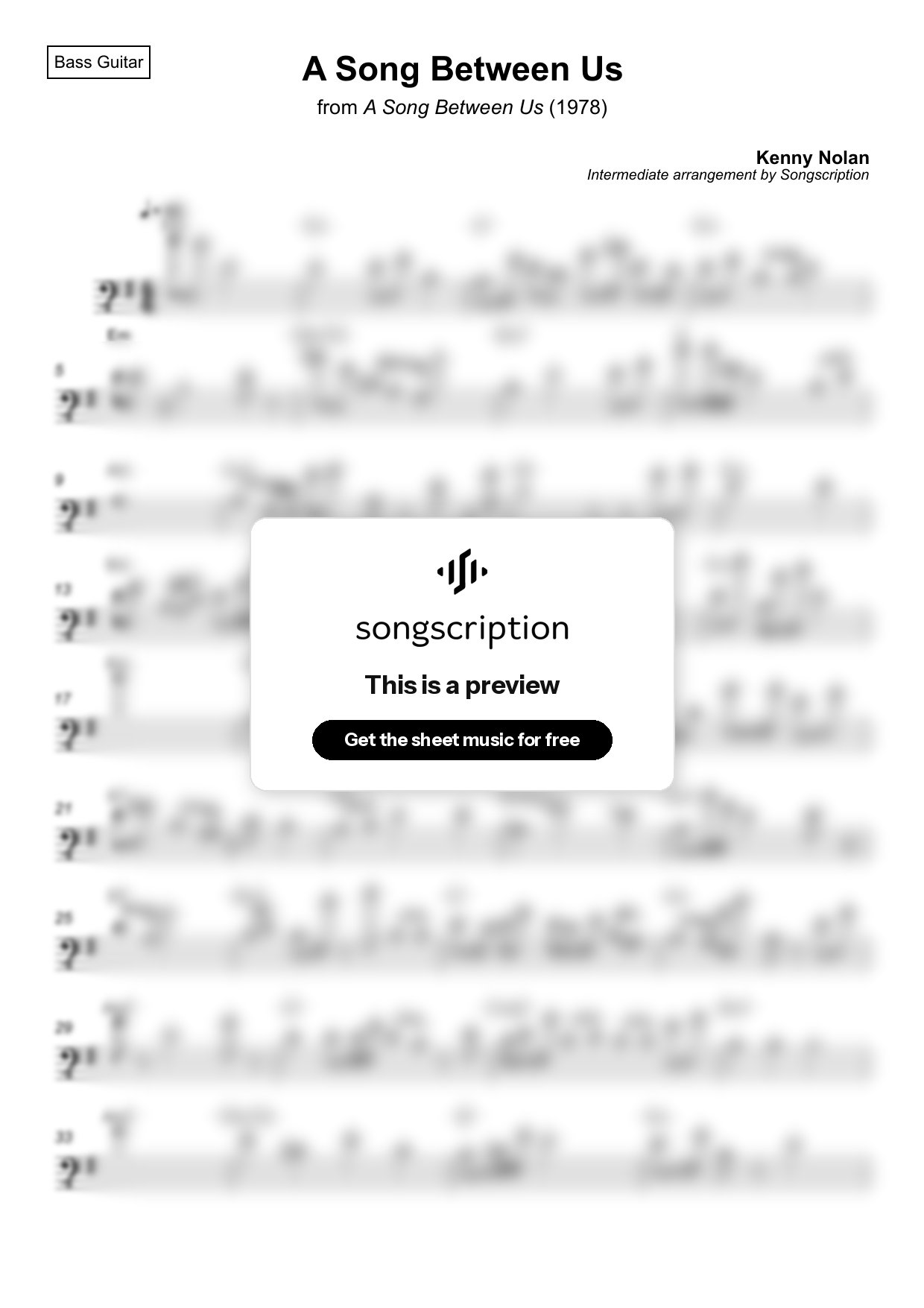 Intermediate Bass Guitar Sheet Music for "A Song Between Us" by Kenny Nolan