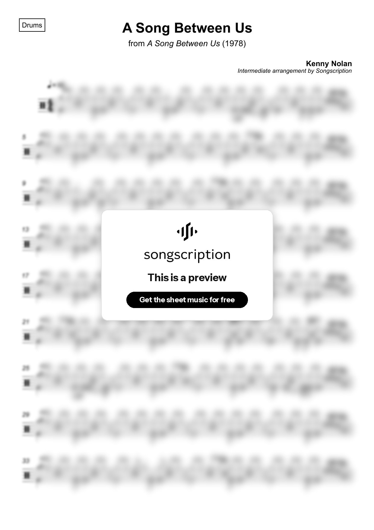 Intermediate Drums Sheet Music for "A Song Between Us" by Kenny Nolan