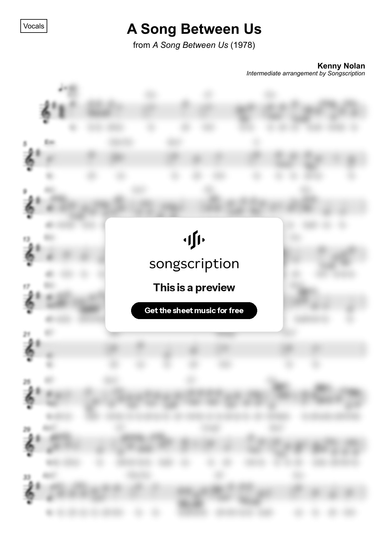 Intermediate Vocals Sheet Music for "A Song Between Us" by Kenny Nolan