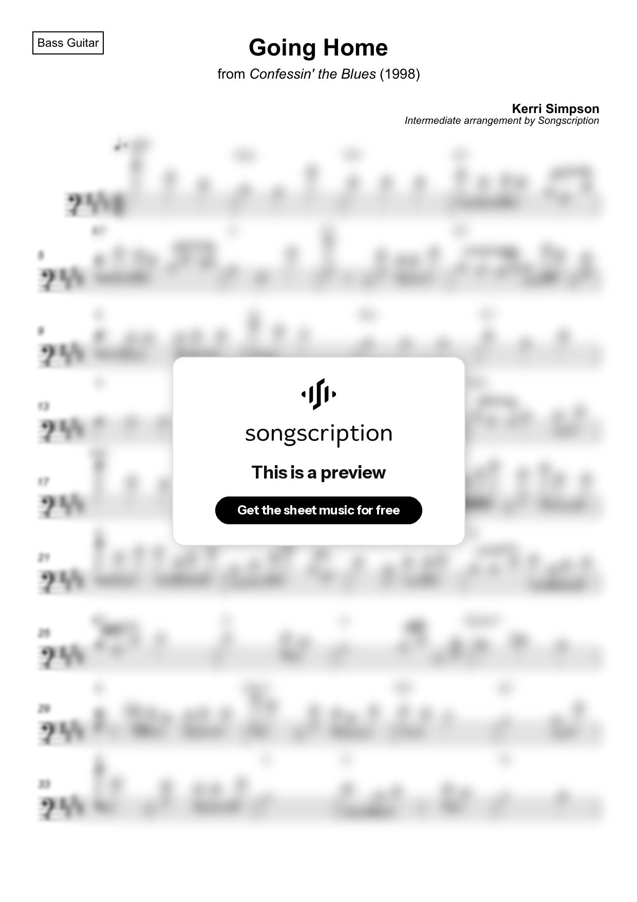 Intermediate Bass Guitar Sheet Music for "Going Home" by Kerri Simpson