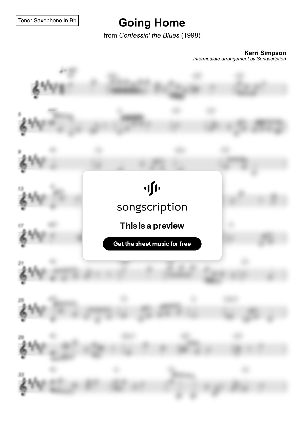 Intermediate Tenor Sax Sheet Music for "Going Home" by Kerri Simpson