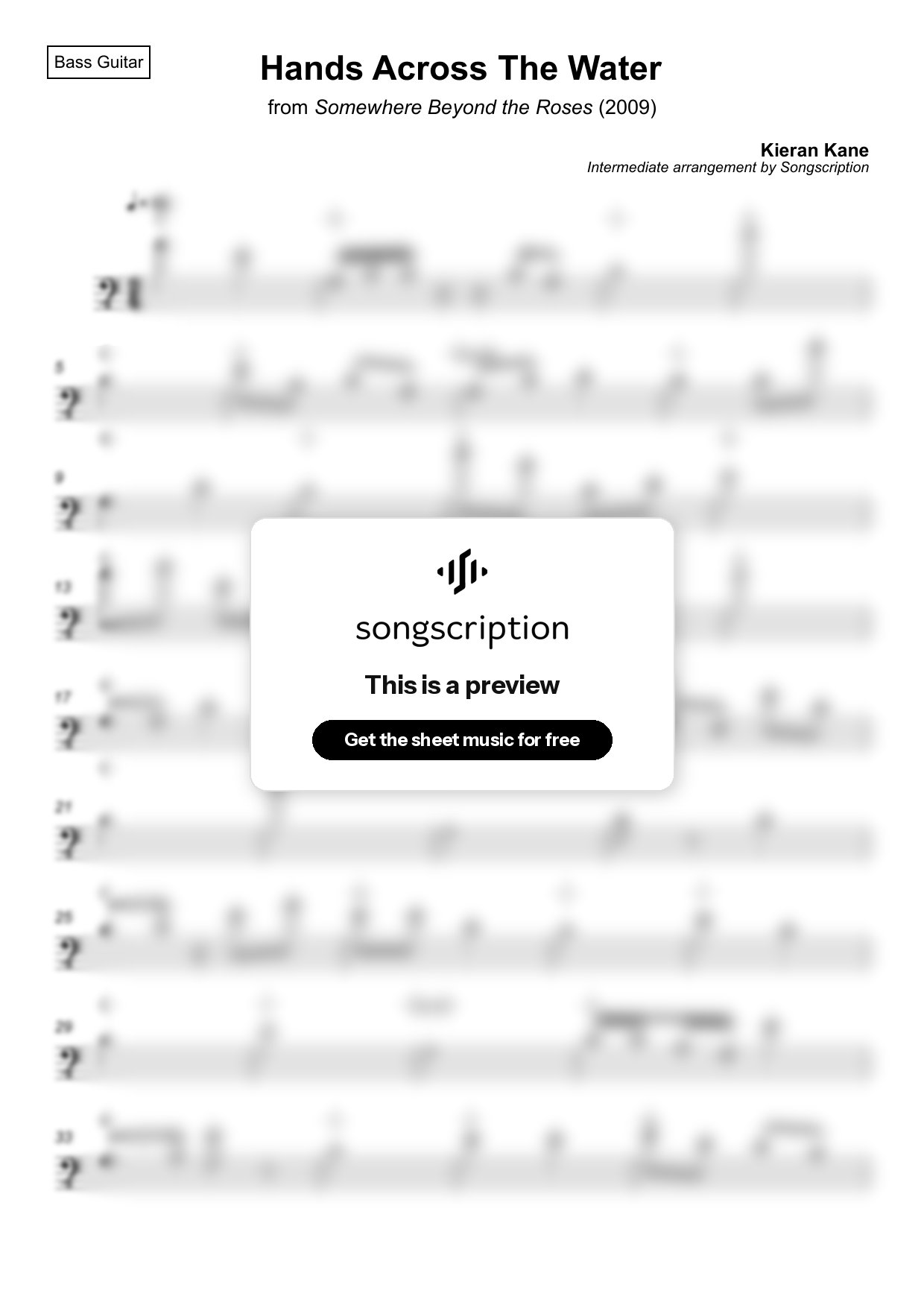 Intermediate Bass Guitar Sheet Music for "Hands Across The Water" by Kieran Kane