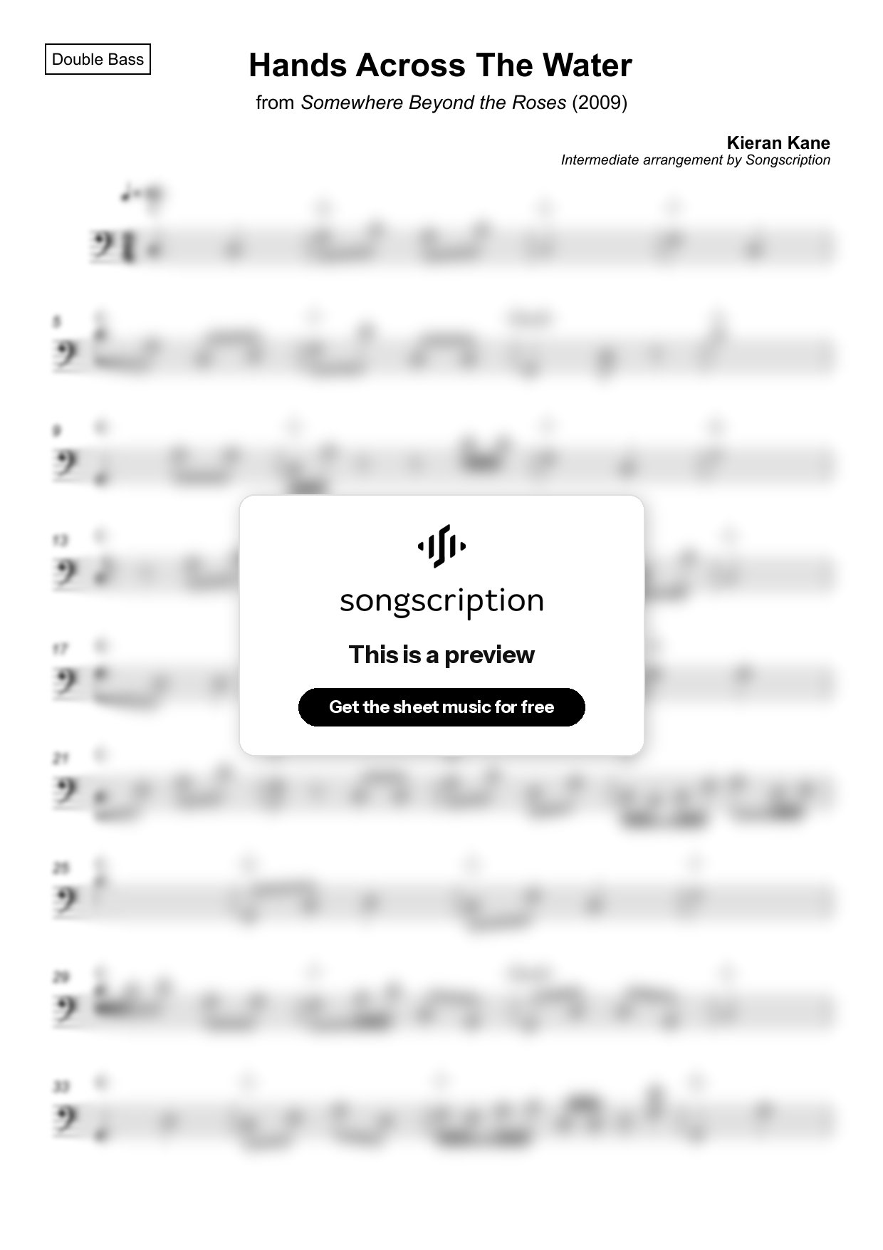 Intermediate Double Bass Sheet Music for "Hands Across The Water" by Kieran Kane