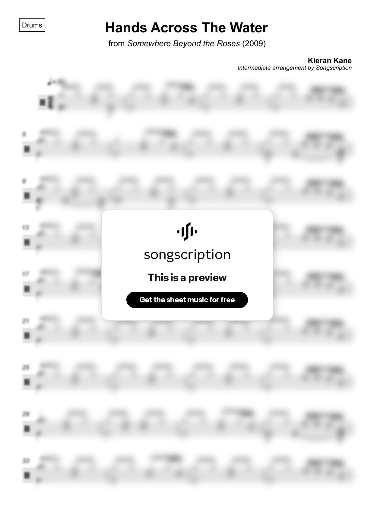 Intermediate Drums Sheet Music for "Hands Across The Water" by Kieran Kane
