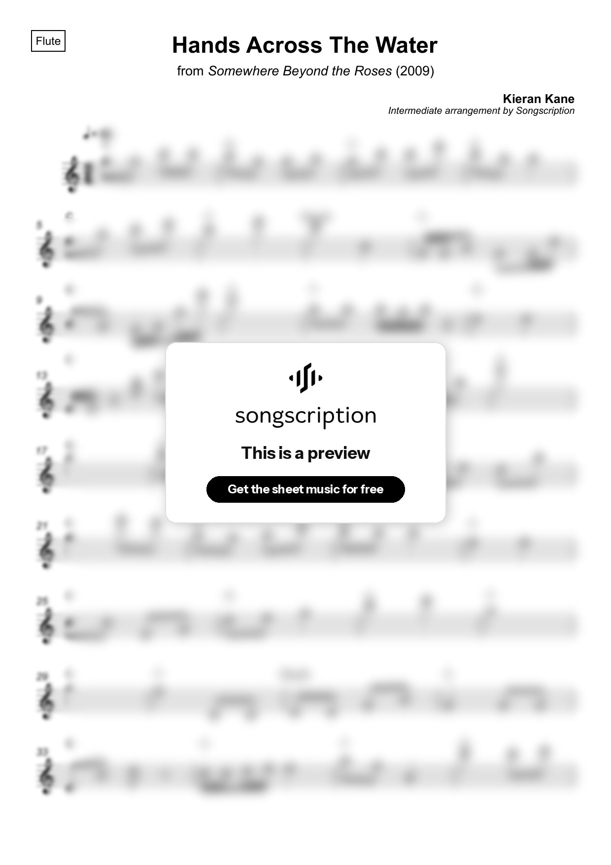 Intermediate Flute Sheet Music for "Hands Across The Water" by Kieran Kane