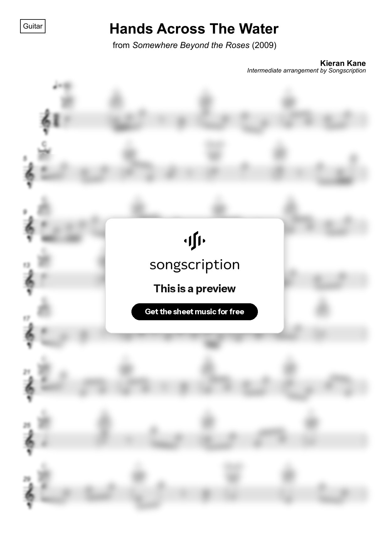 Intermediate Acoustic Guitar Sheet Music for "Hands Across The Water" by Kieran Kane